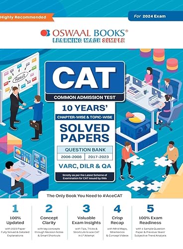 Oswaal CAT 10 YEARS Chapter-wise &amp; Topic-wise Solved Papers (VARC, DILR &amp; QA) (2006 - 2008 &amp; 2017-2023) for 2024 Exam