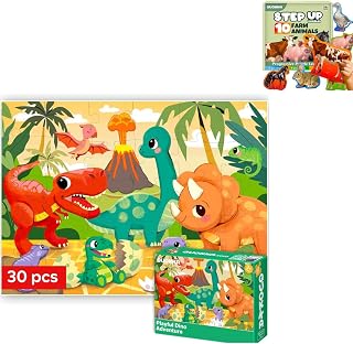 QUOKKA Dinosaurs & Farm Animals Step-Up Puzzle Bundle | 30 pieces, Step-Up puzzles, Farm animals, Educational learning, Progressive difficulty
