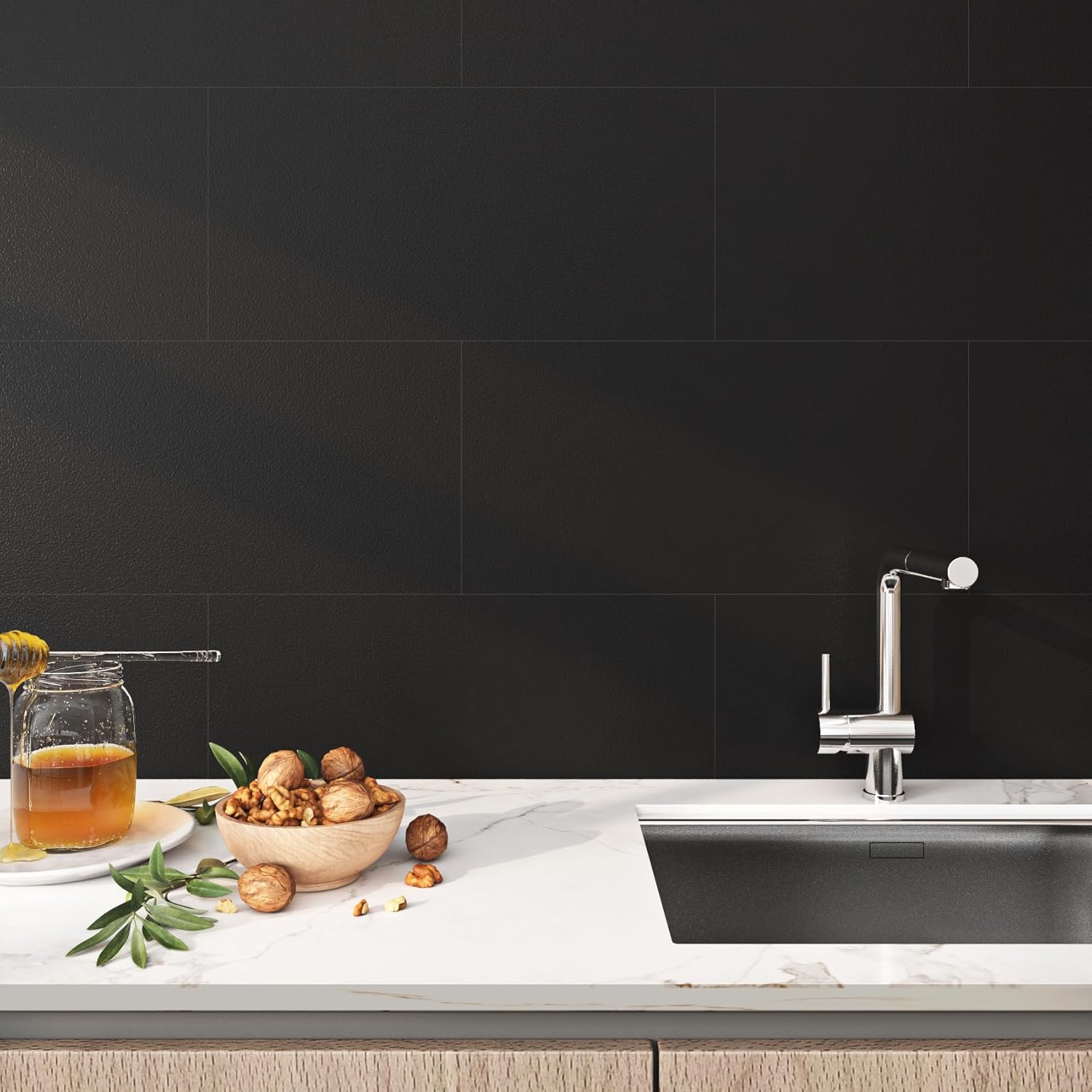 FunStick 12"x24" 15 Pcs Black Vinyl Flooring Peel and Stick Floor Tile Waterproof Bathroom Stick on Vinyl Floor Tiles Peel and Stick Wall Tiles for Kitchen Sticky Laminate Flooring Sheets Removable