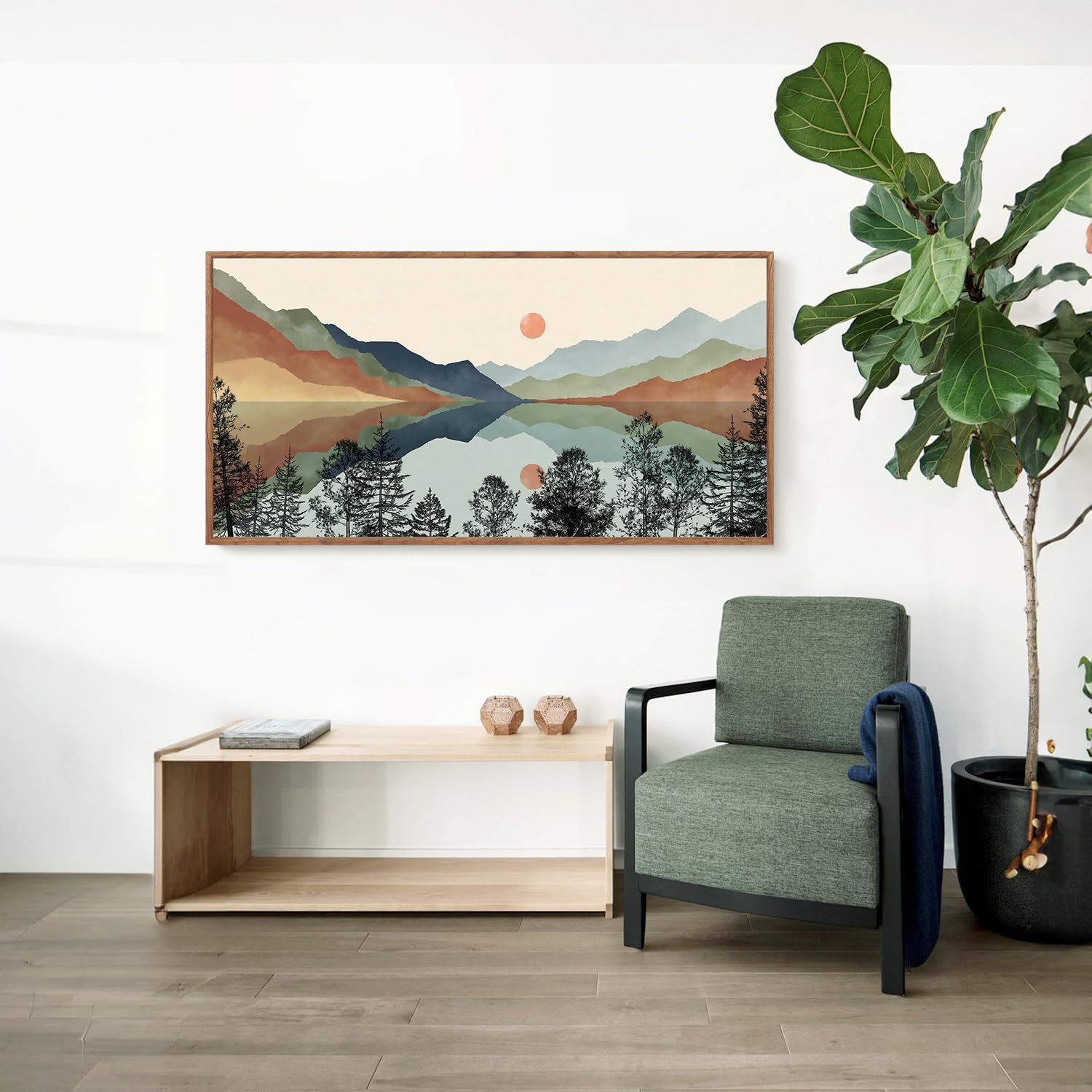CHDITB Mountain Sun Forest Framed Art Prints(Set of 3, 24”x36”), Boho Watercolor Nature Landscape Canvas Artwork Painting, Abstract Foggy National Park Scenery Poster Decor for Living Room Bedroom