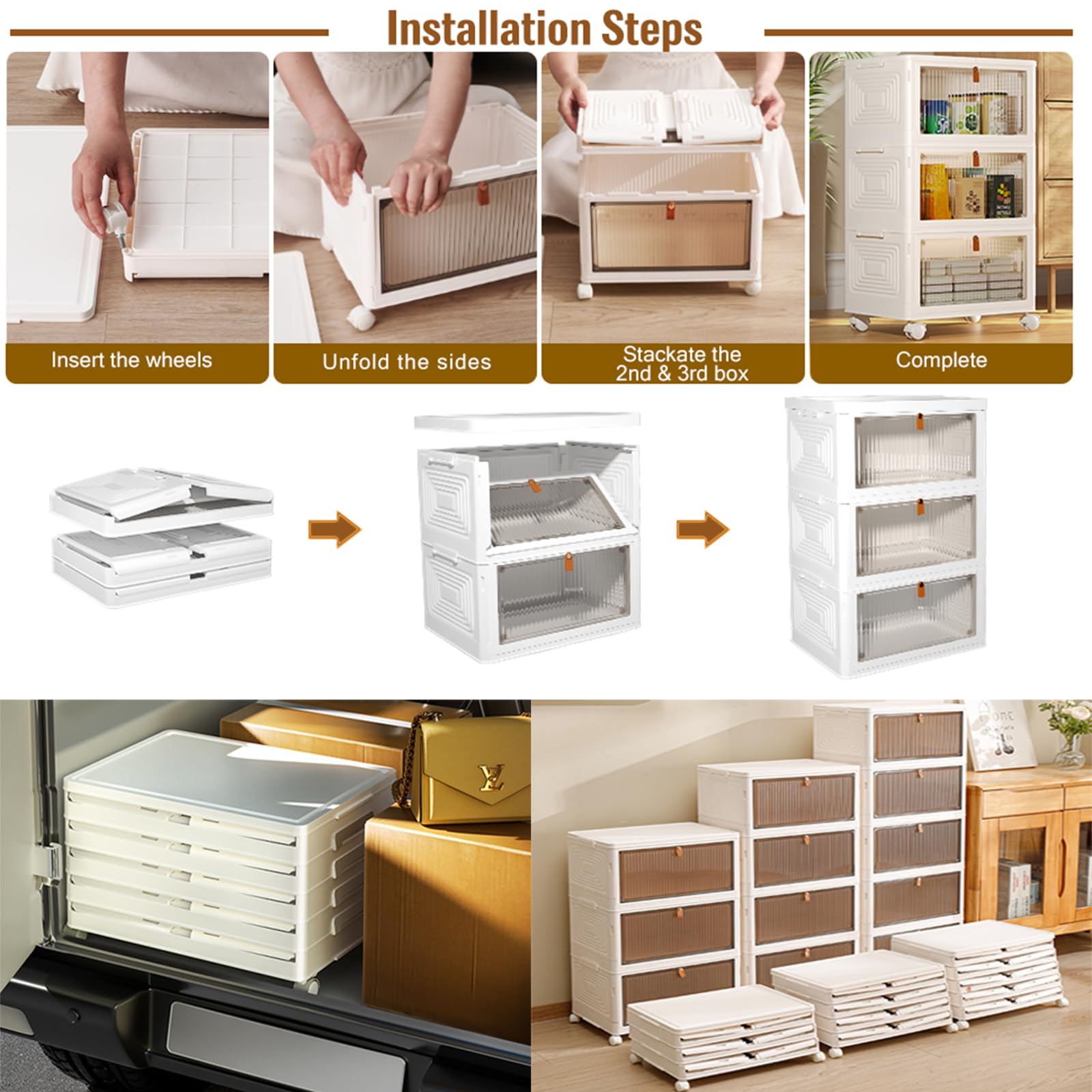 JoliJour Contenitori Plastica con Coperchio Pieghevole Set di 3 Impilabili Scatole Plastica con Coperchio Armadio salvaspazio contenitori per riporre vestiti utensili da cucina giocattoli libri bagno