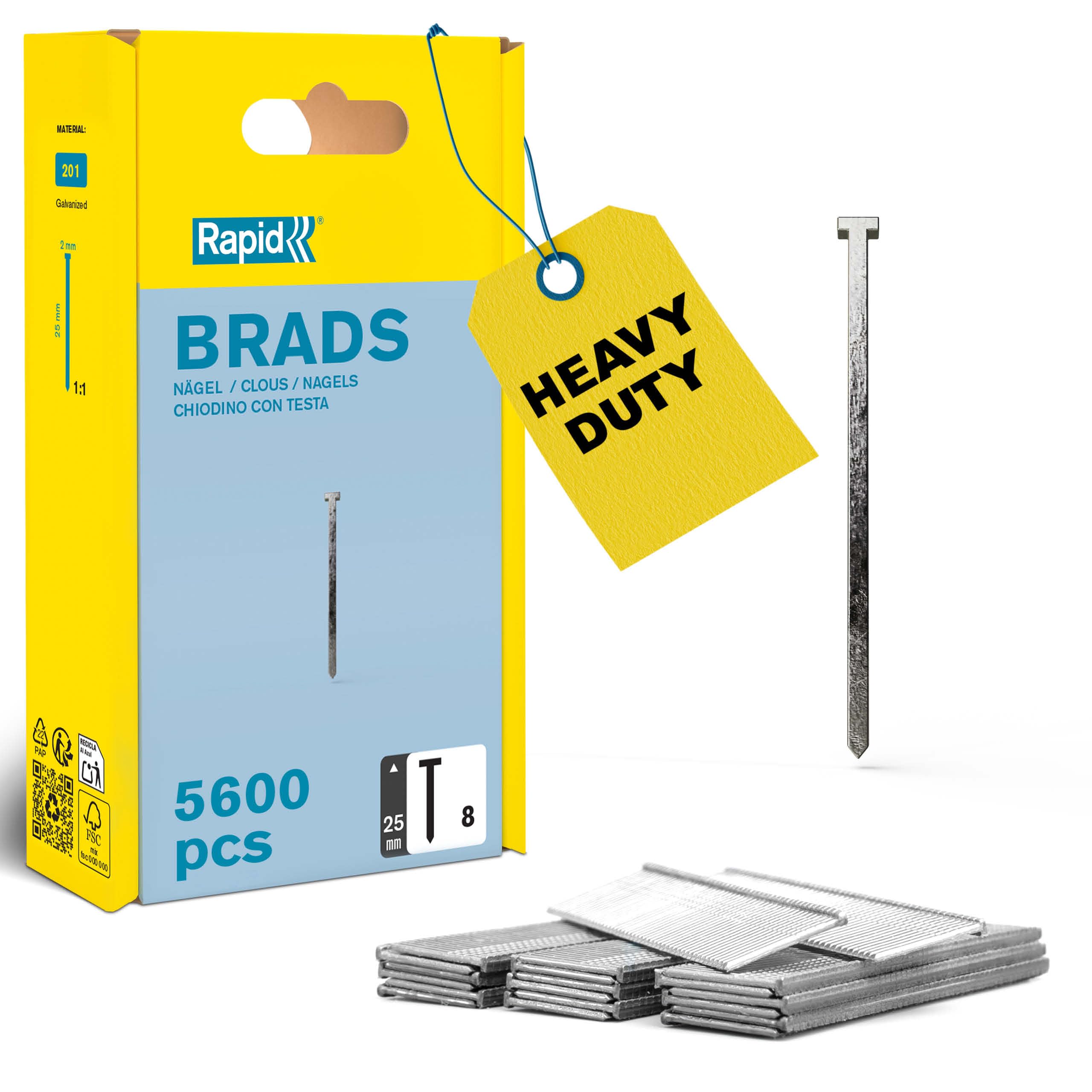 Rapid High Performance No.8 Galvanised Steel Brad Nails For Moulding Beading Frames 18G Pins Wire Length 25mm 5600 Pcs