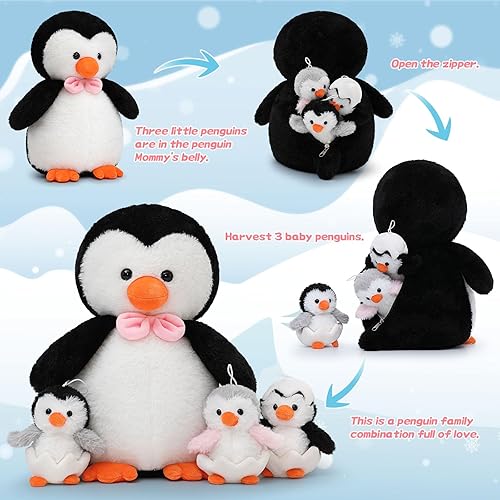 Miniatura 2 de Peluche de pingüino de 16.5 pulgadas con 3 pingüinos bebés, regalos de pingüinos para niños, mujeres, niñas, niños, mini pingüinos, juguete