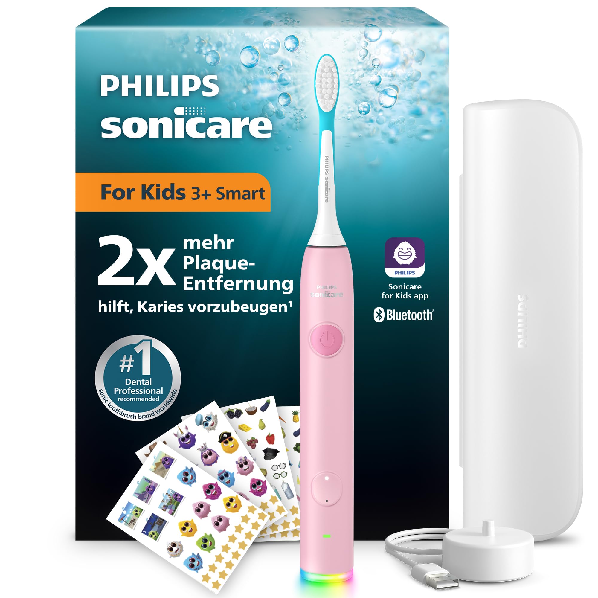 Philips Sonicare for Kids Smart elektrische Zahnbürste - Schallzahnbürste mit App, für Kinder 3+, 2 sanfte Putzprogramme, 2-Minuten-Timer, 2 Bürstenköpfe (Standard + Mini), Pink, Modell HX6600/51