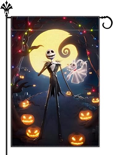 Vohado Bandera de jardín de Nightmare Before Christmas Zero and Jack Skellington para decoración de fiesta de cumpleaños, calabaza de Halloween,
