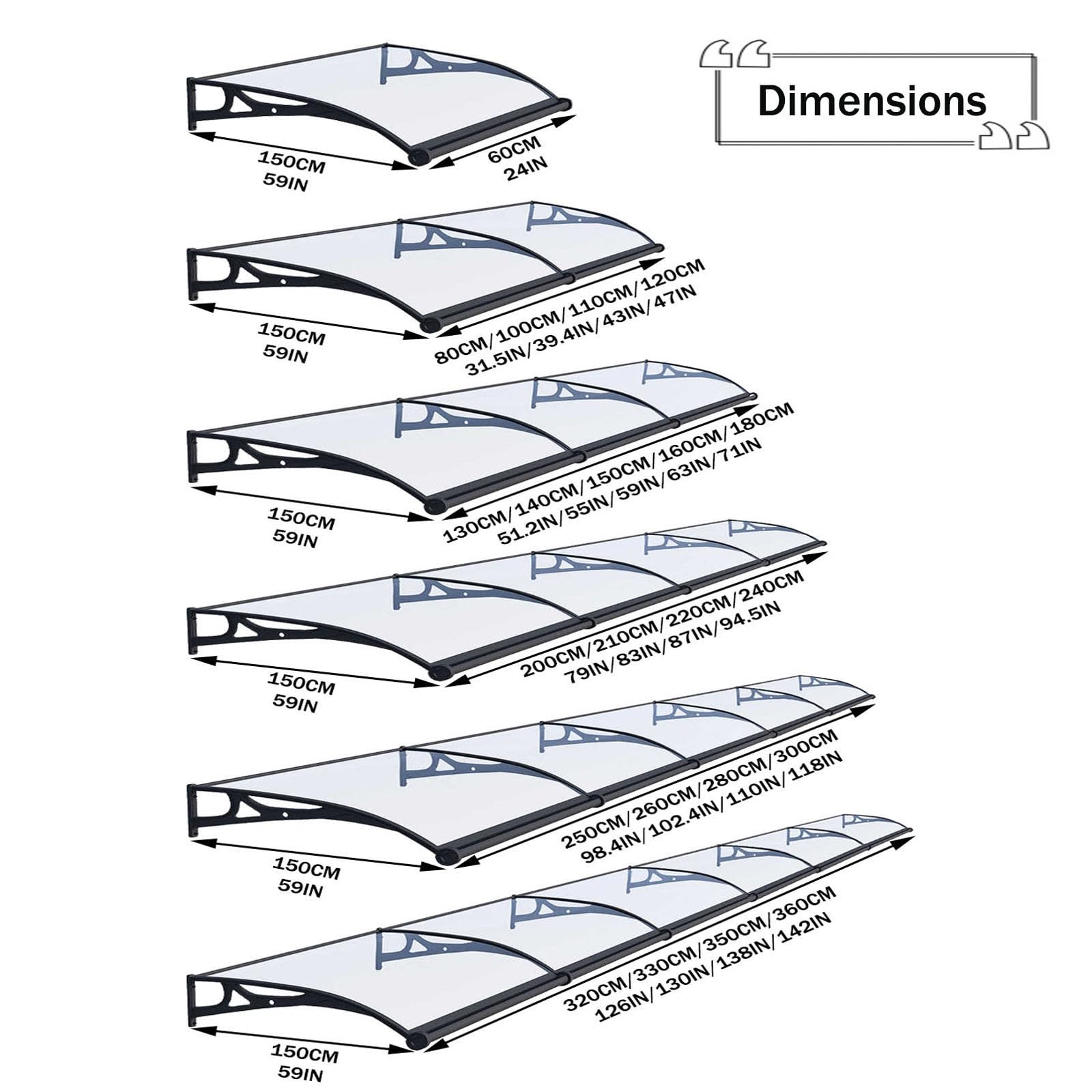 Copertura per tettoia per esterni per patio, riparo, finestra, copertura per porta anteriore, resistente, design grondaia, drenaggio rapido, struttura ad arco resistente alla pressione (150 x 200 cm)