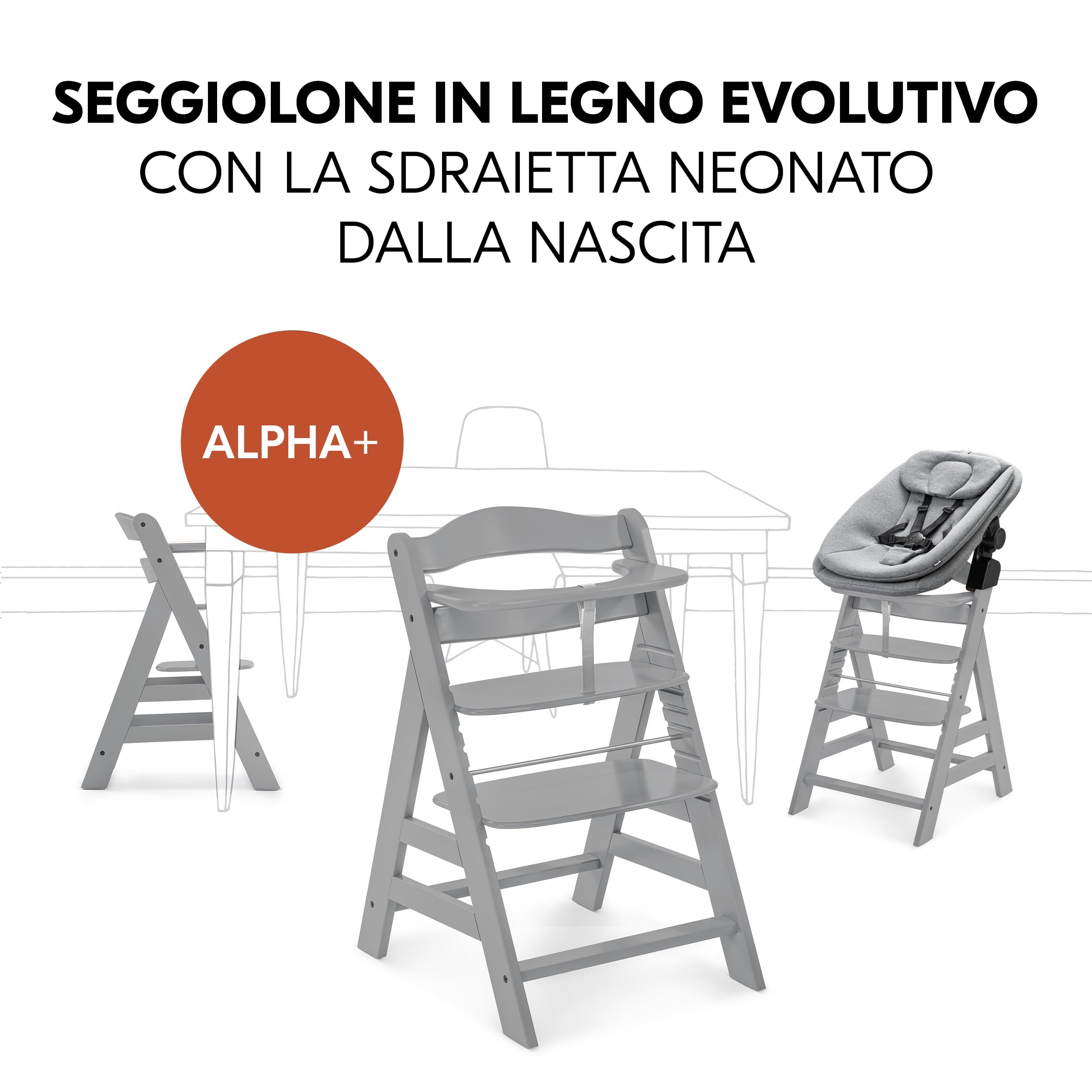 hauck Seggiolone Alpha+ Newborn Set Highchair Bouncer 3in1 - Sediolone Pappa Bimbi in Legno Da 0 Mesi Con Sdraietta Neonati Dondolo e Cuscino - (Grigio)