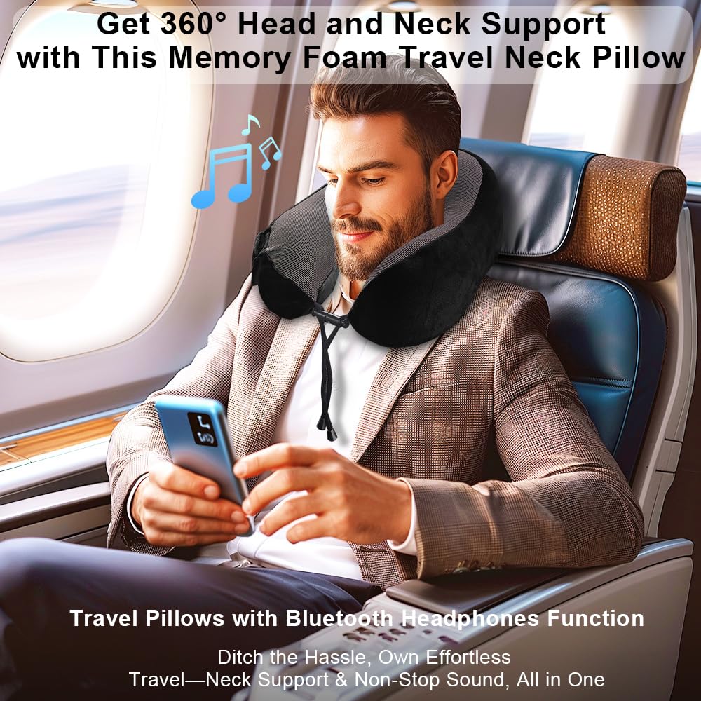 Ateupom Neck Pillow with Bluetooth Headphones Function for Travel, Travel Pillow 100% Pure Memory Foam, Airplane Pillow, Wireless Headphones with Microphone for Traveling Car Home Office Black 1