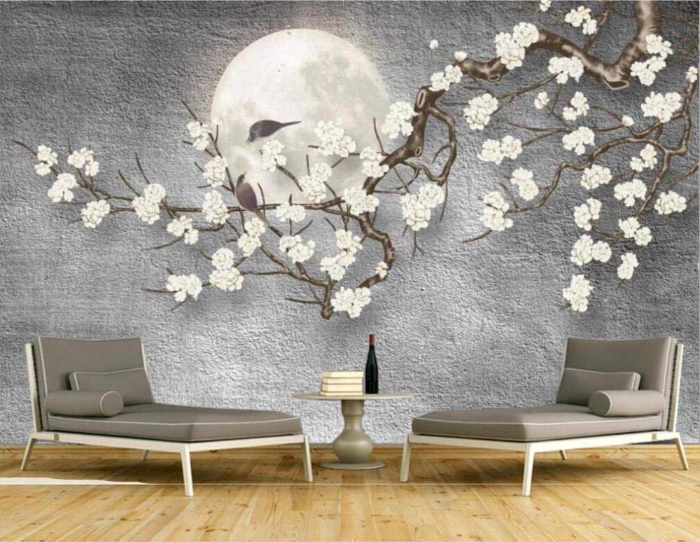 Papier peint panoramique oiseau et fleur de prunier blanc, fresque murale premium
