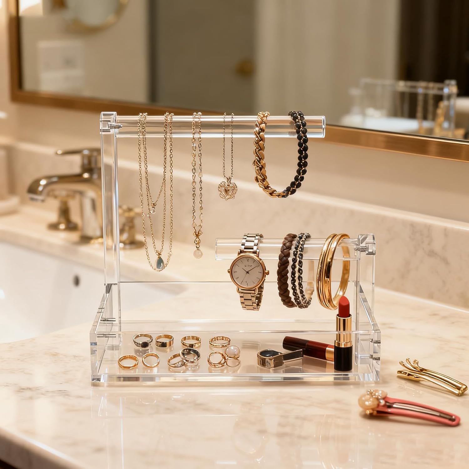 LUGUNU 2-Tier Acrylic Jewelry Organizer, Tangle-Free Necklace and Bracelet Holder Stand with Removable Trays, Clear Vanity Organizer for Earrings Rings, Modern Dresser Decor