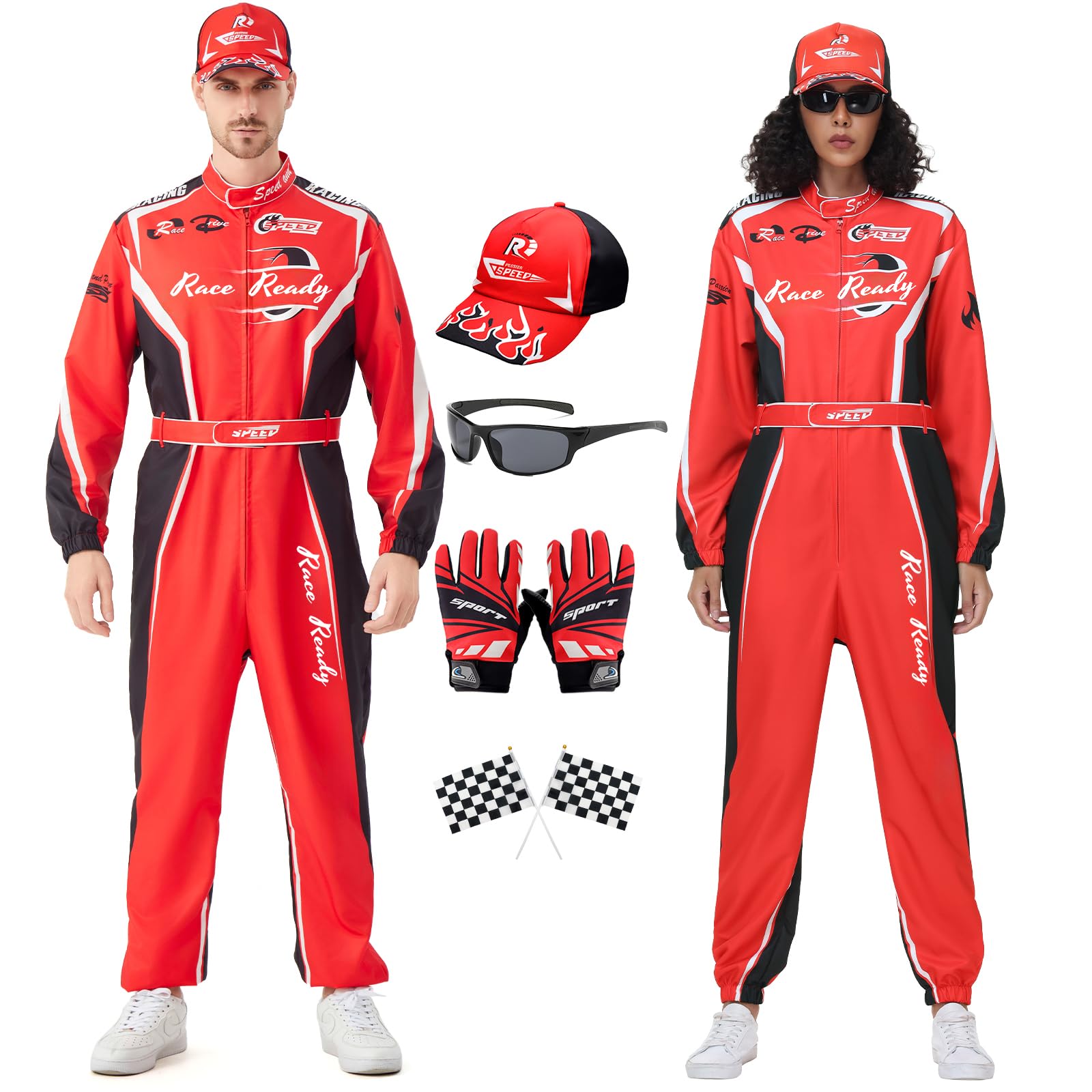 Lopbraa Race Car Driver Costume Men with Hat, Full Set Racing Jumpsuit Racer Outfits with Gloves Flag and Sunglasses for Adult(Red) — image 1