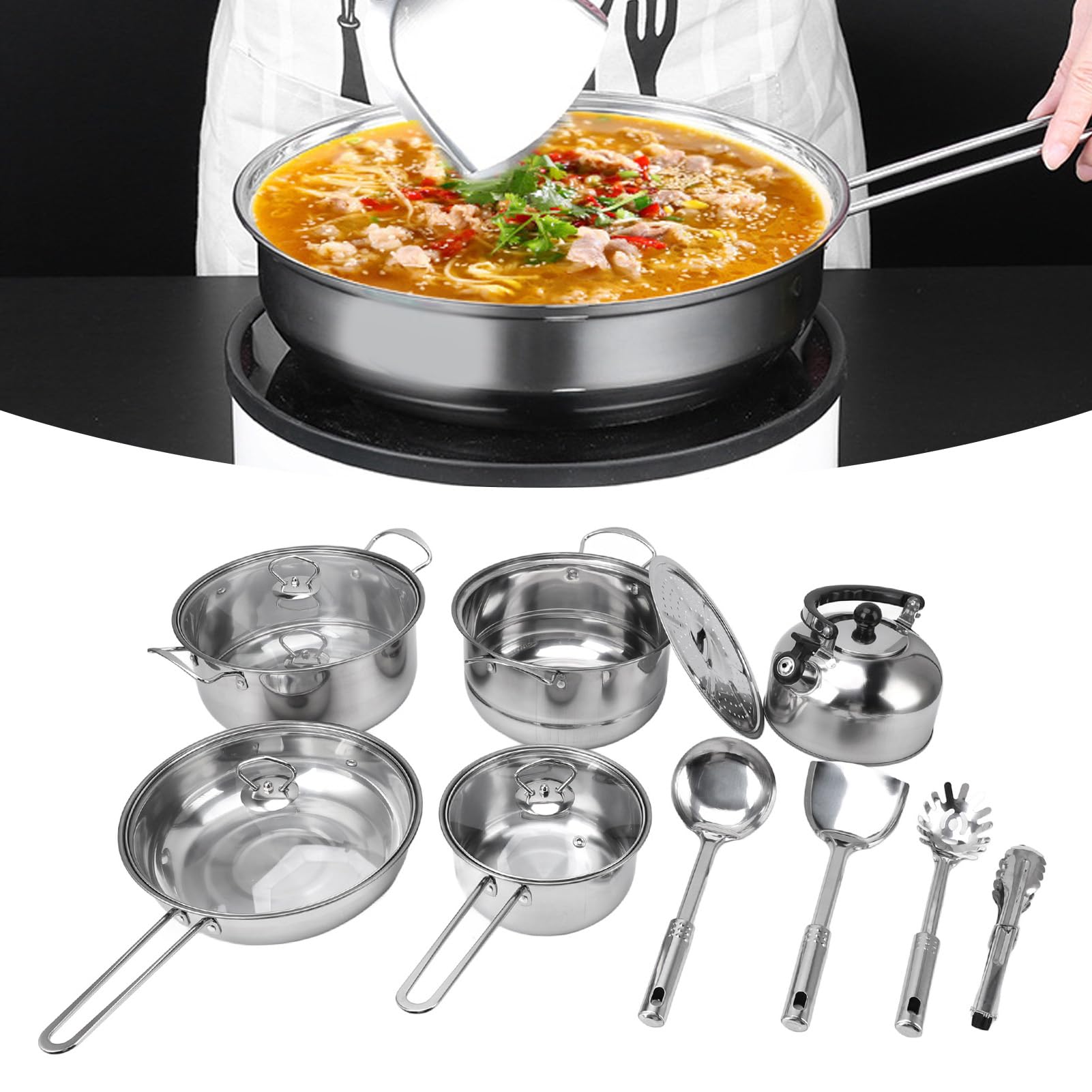 Set di Pentole in Acciaio Inossidabile Addensato per Domestica, Set di Pentole Antiaderenti, di Padelle per Zuppa di Pentola per Latte Equisite, per Appassionati di, 13 Pezzi
