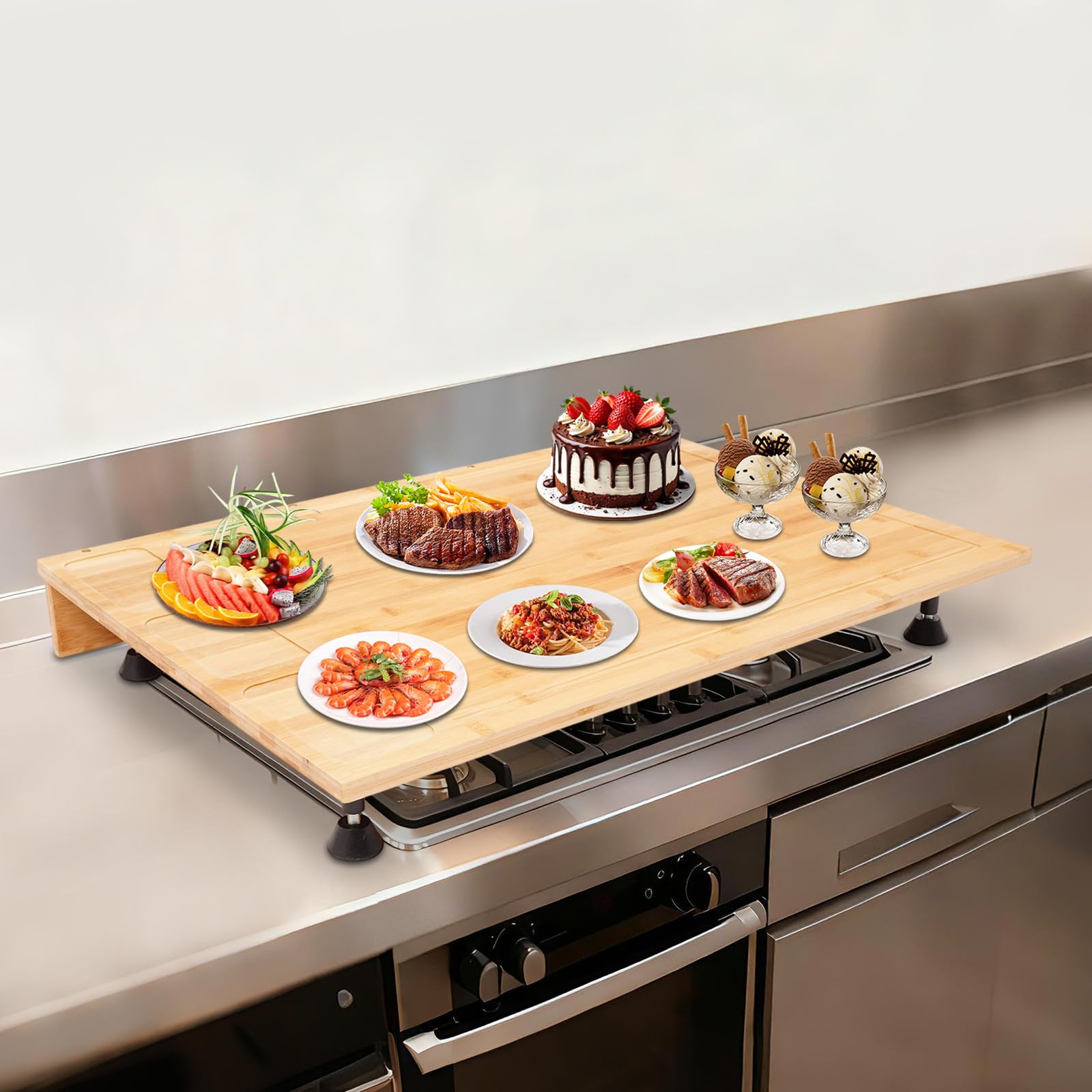 Couvre-plaque de cuisson en bambou - Planche à découper - Pour cuisinière à gaz et électrique - 75 x 54 x 10 cm