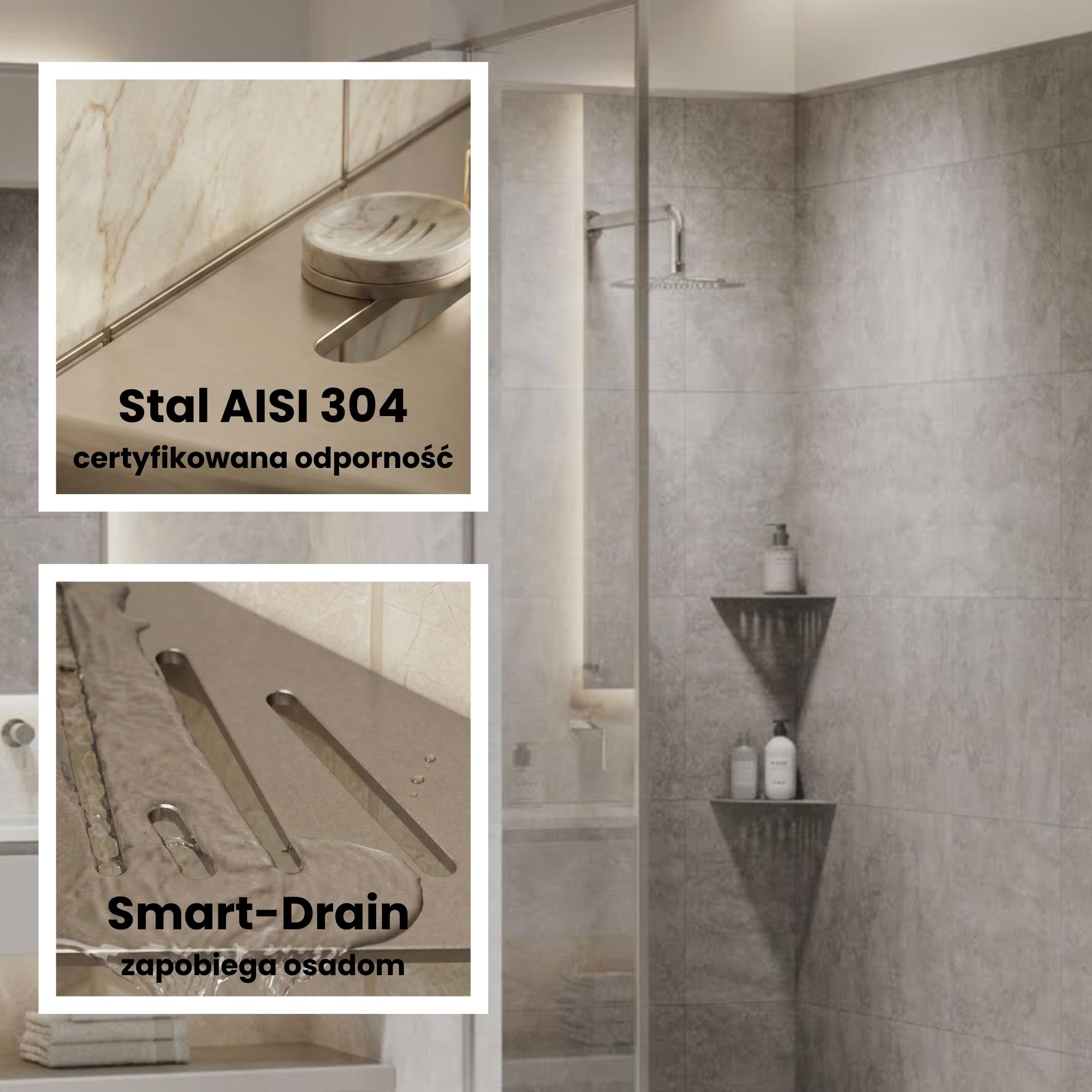 Eviso Premium Étagère de Douche d'Angle sans Perçage – Tablette de Douche en Acier Inoxydable AISI 304 Massif (ASTM) – Design Slim Mural pour Joint de Carrelage
