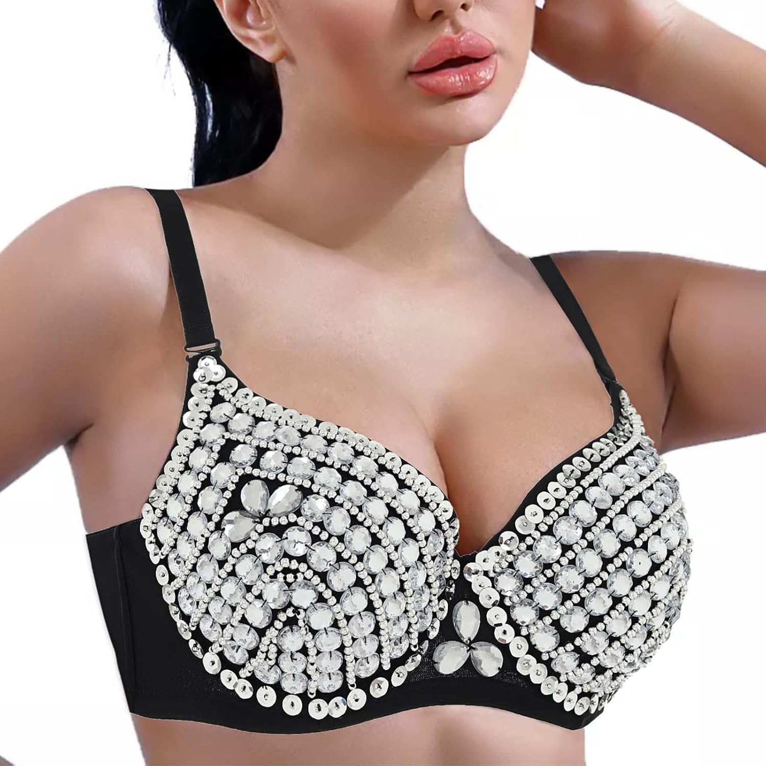Woeoe Rhinestone Corset Bustier Crop Top Bra Nightclub Rave Diamond Tops Jewelry for Women