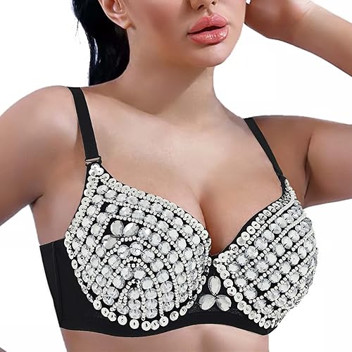 Miniatura 2 de Woeoe Corsé de diamantes de imitación Bustier Crop Top Negro Diamante Bra Club Rave Rhinestone Tops Joyas para Mujer