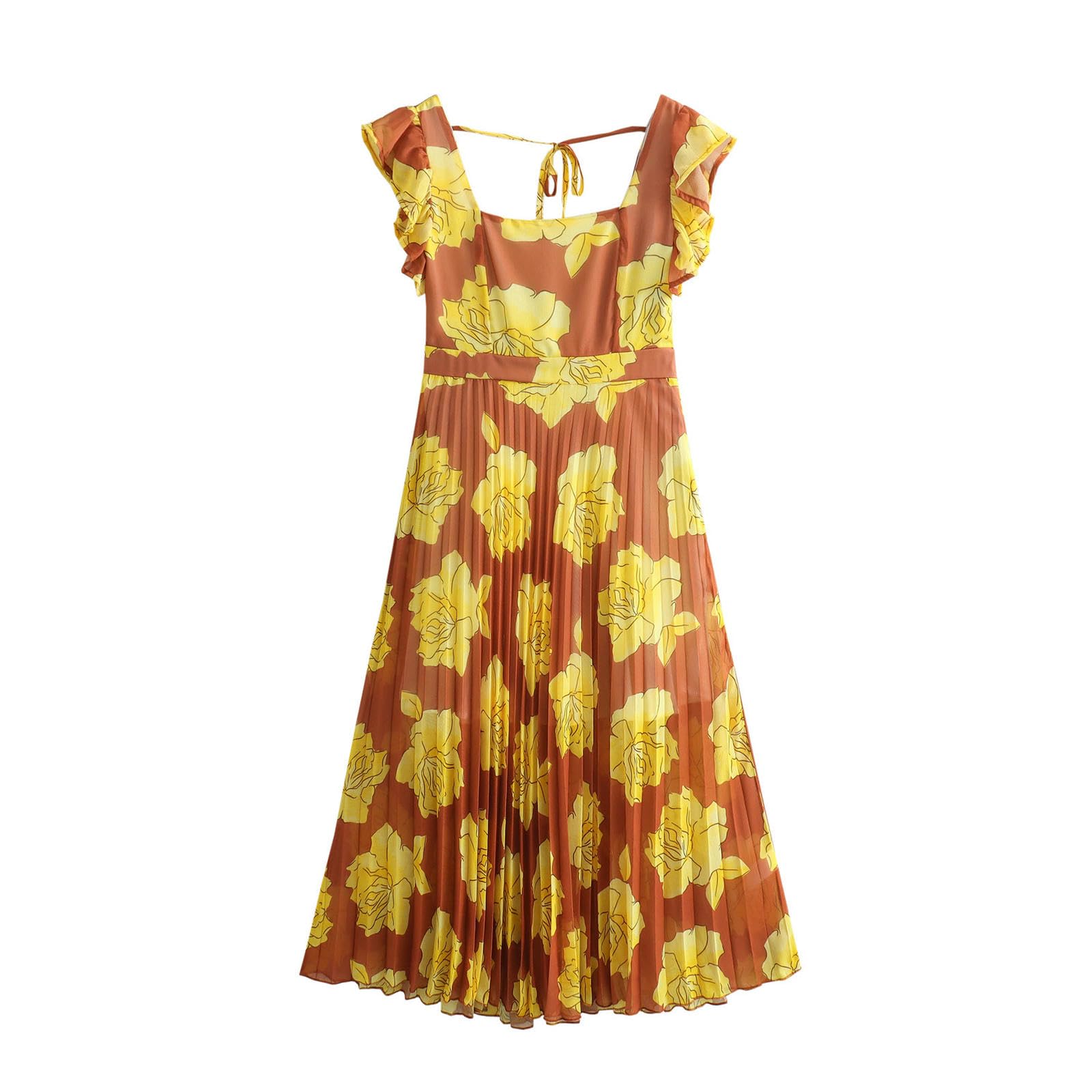 Robe mi-longue plissée confort silhouette - Coupe sans manches col carré taille L