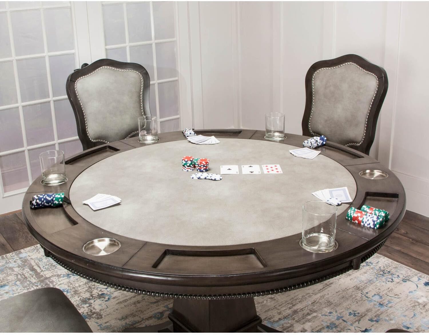 HomeStock Round Dining Poker Table - 48" Vegas Game Table, Reversible Top, Seats 6, Gray Wood Finish