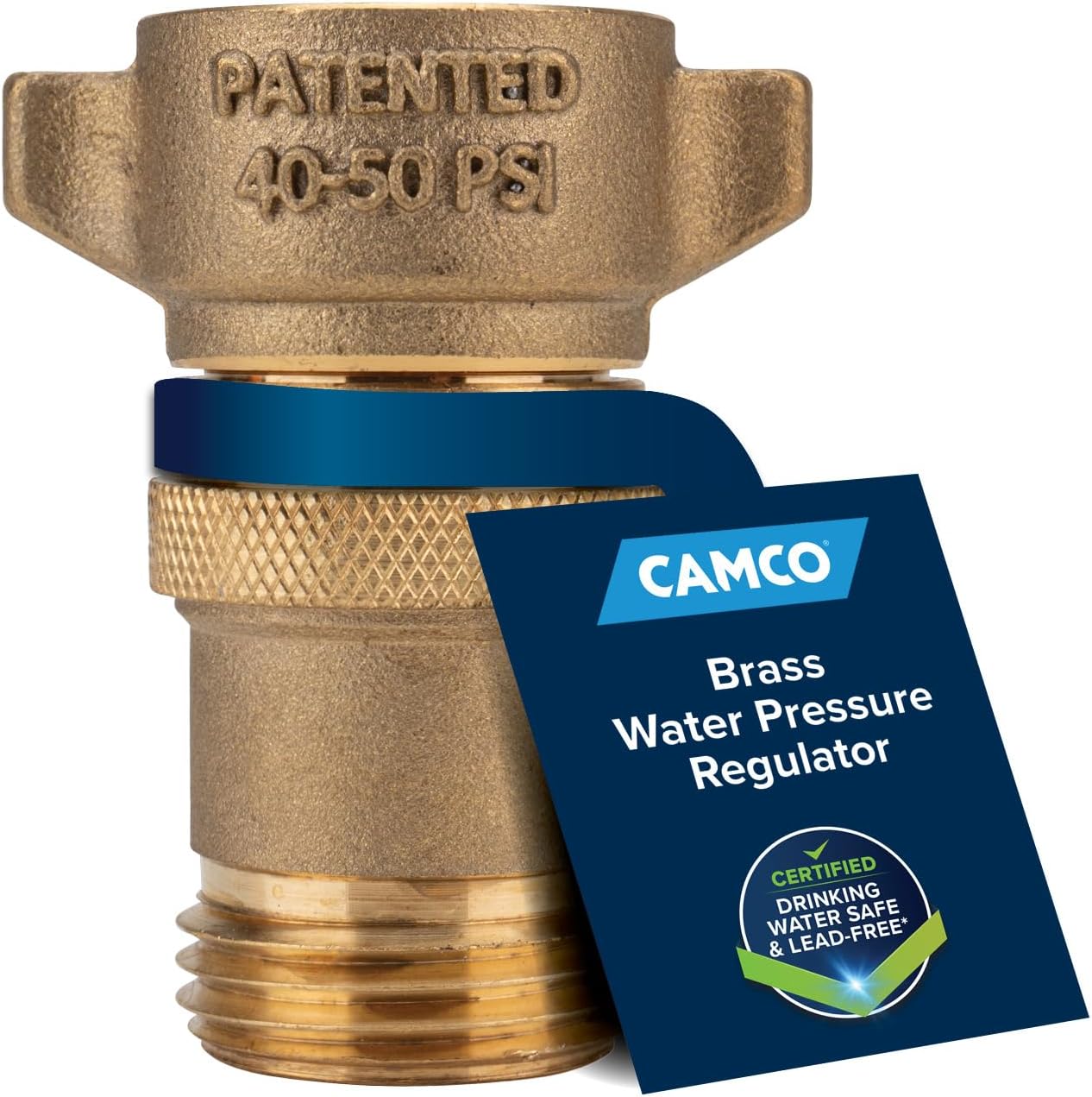 Camco Brass Marine/RV Water Pressure Regulator – Protects RV Kitchen Small Appliances, Plumbing & Hoses – Reduces RV Water Pressure to Safe & Consistent 40-50 PSI – Drinking Water Safe (40055)
