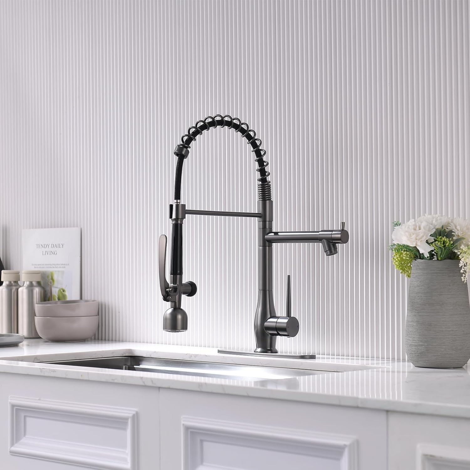 GIMILI Black Stainless Kitchen Faucet with LED Single Handle Kitchen Sink Faucet with Pull Down Sprayer Commercial Double-Headed Stainless Steel Kitchen Faucets Sink with Deck Plate