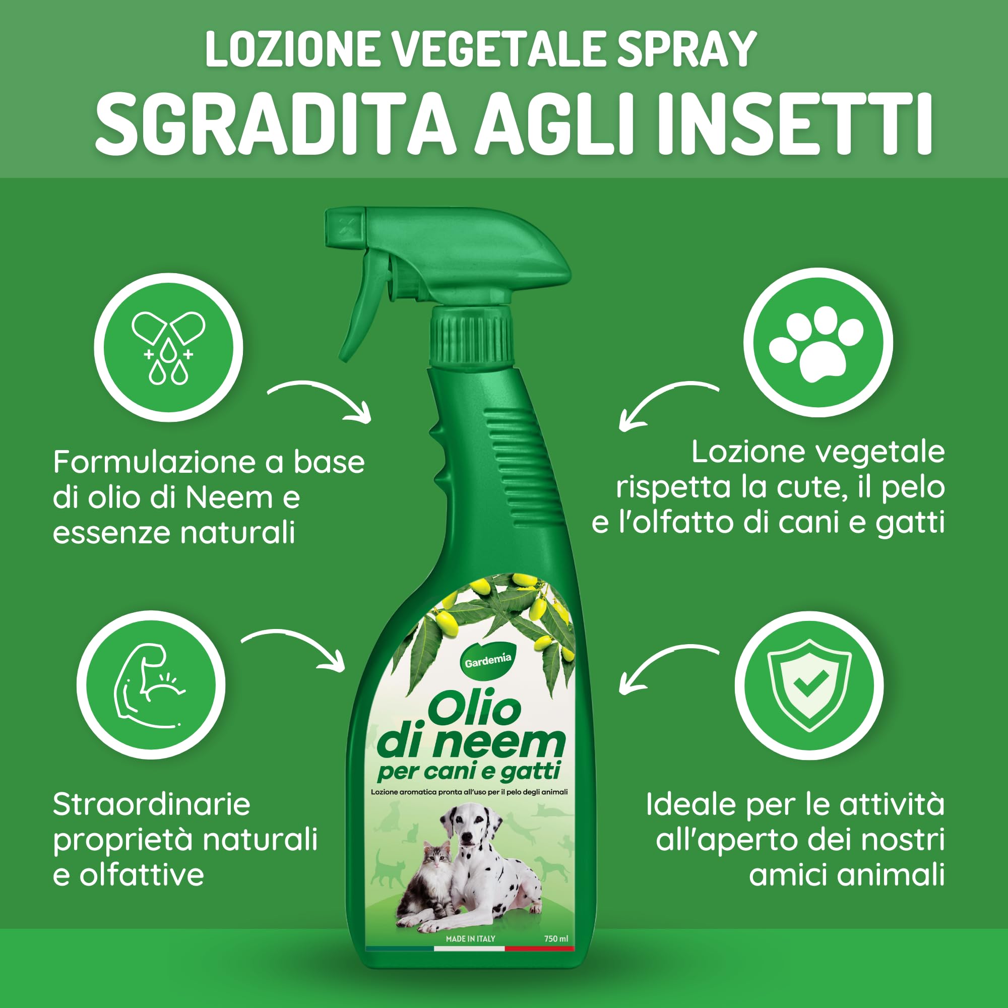 Gardemia Olio di Neem per Cani Gatti Spray 750ml Sgradito a Zecche Pulci Zanzare Insetti Azione Naturale Effetto Barriera abbinabile a Repellente Antipulci Antiparassitario Aroma Gradevole