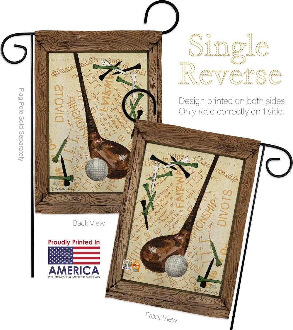 Strike A Golf Ball Garden Flag Set with Stand Sports 18 Hole Championship Club Entertainment Activity Physical Small Decorative Gift Yard House Banner Made In USA 13 X 18.5