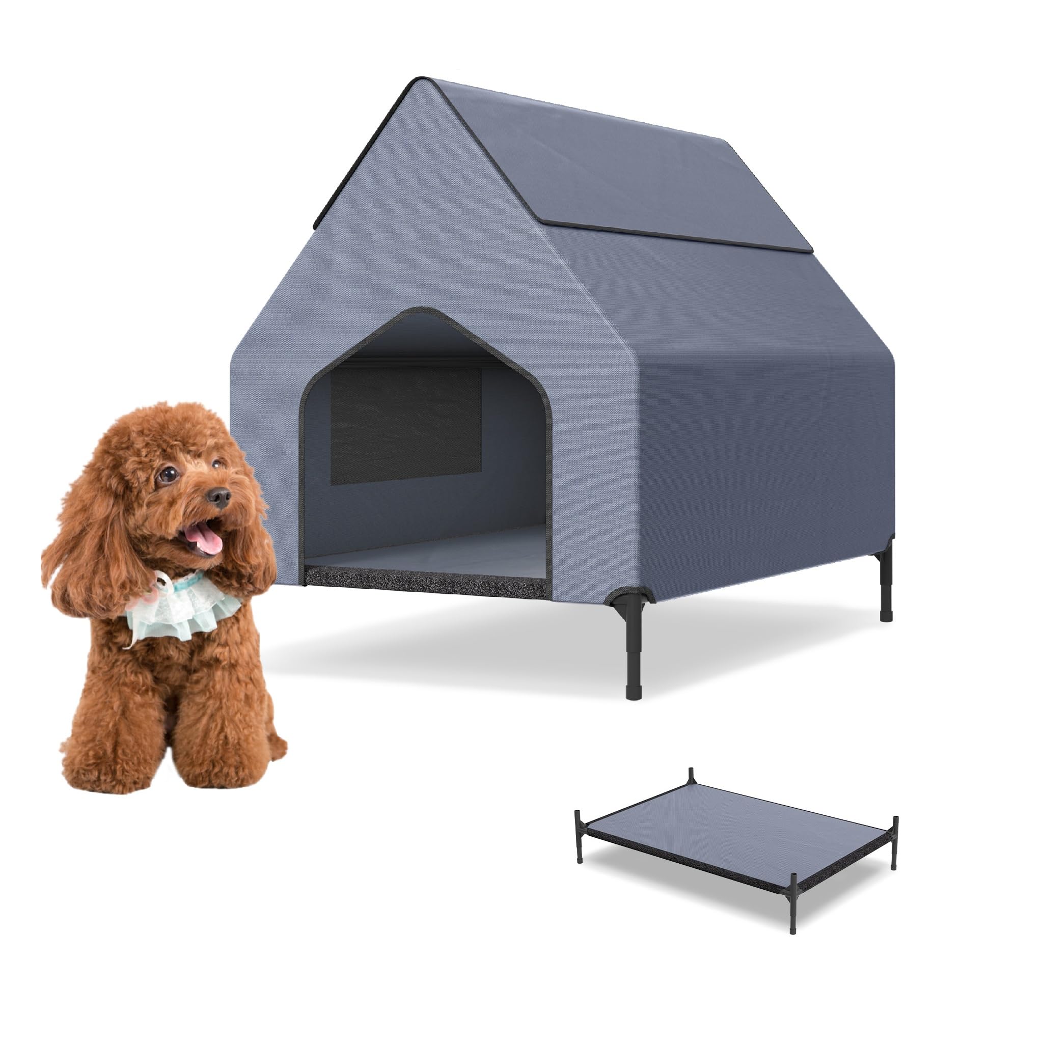UISEBRT Cama para perros 2 en 1 cubierta y elevada con tapa extraíble, tienda de campaña para perros de exterior para perros pequeños y medianos de hasta 40 kg, ideal para jardín, 91 x 65,5 x 86,5 cm