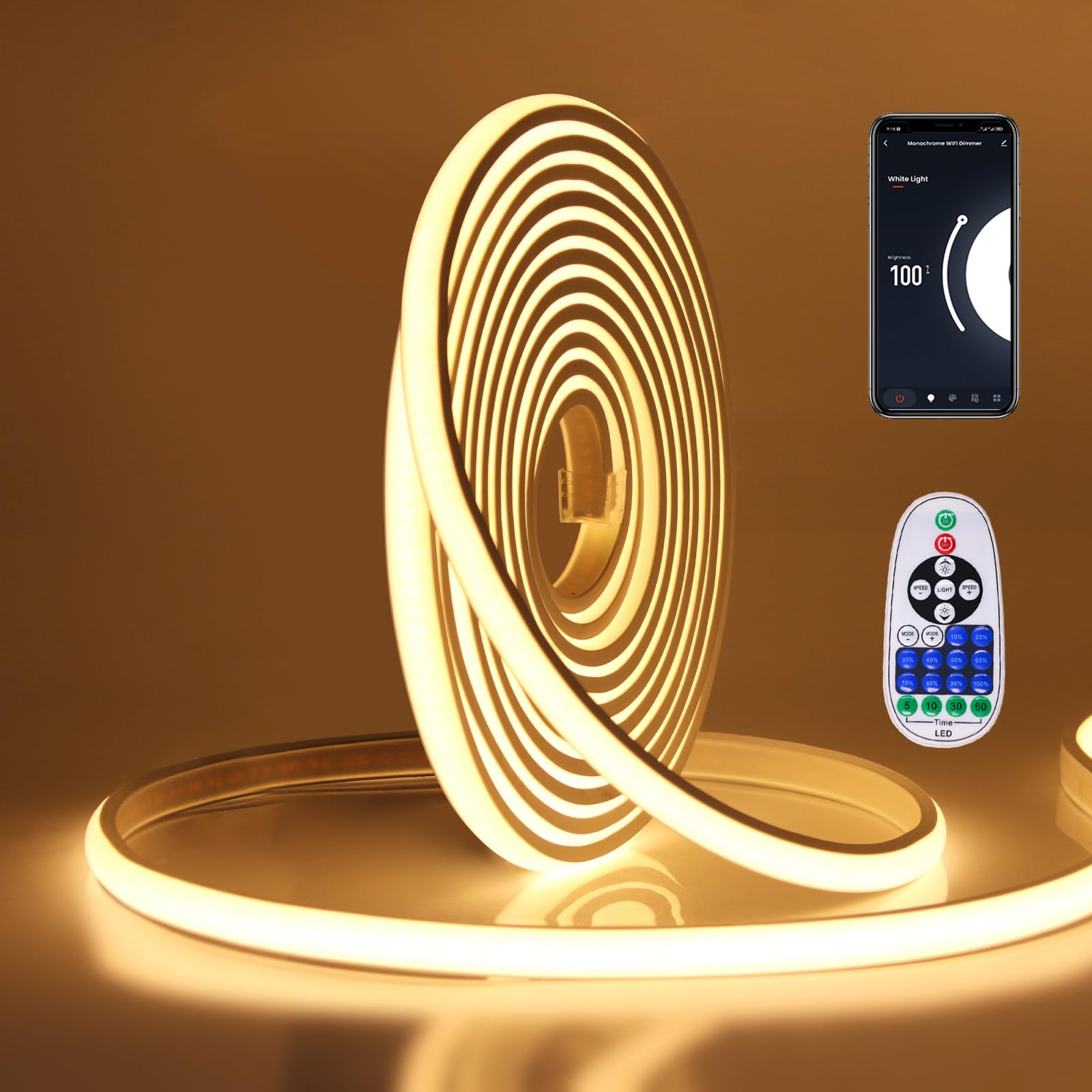 XUNATA WiFi Dimmerabile Strisce di Neon COB in Silicone Flex con Controller 750W, LED Luce IP65, Compatibile con Alexa e Google (7m, Bianco Caldo)