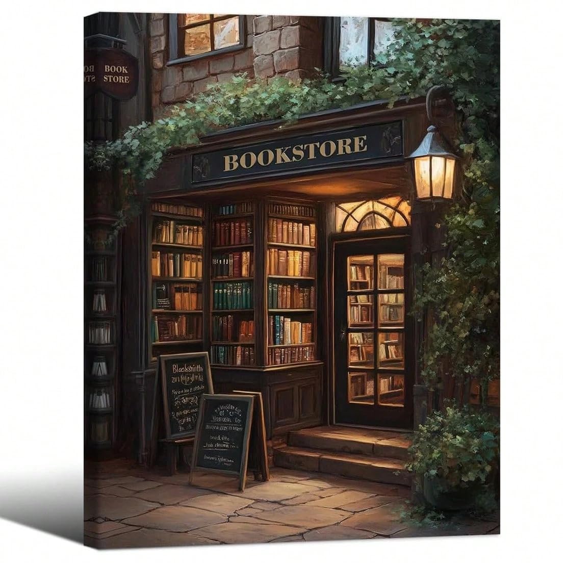 AIHNBF Gemütliche Buchhandlung Leinwand Wandkunst Vintage Bibliothek Bild Warme Beleuchtung Ästhetische Bibliotheksdekoration Romantische Straßenansicht Gemälde für Büro Wohnzimmer Wand 50x75cm