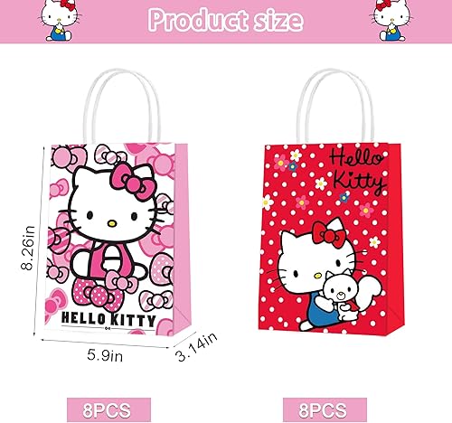 Miniatura 2 de 16 bolsas de regalo de papel para fiesta de Hello Kitty, 2 estilos de bolsas de recuerdo de fiesta con asas para decoraciones de fiesta de Hello