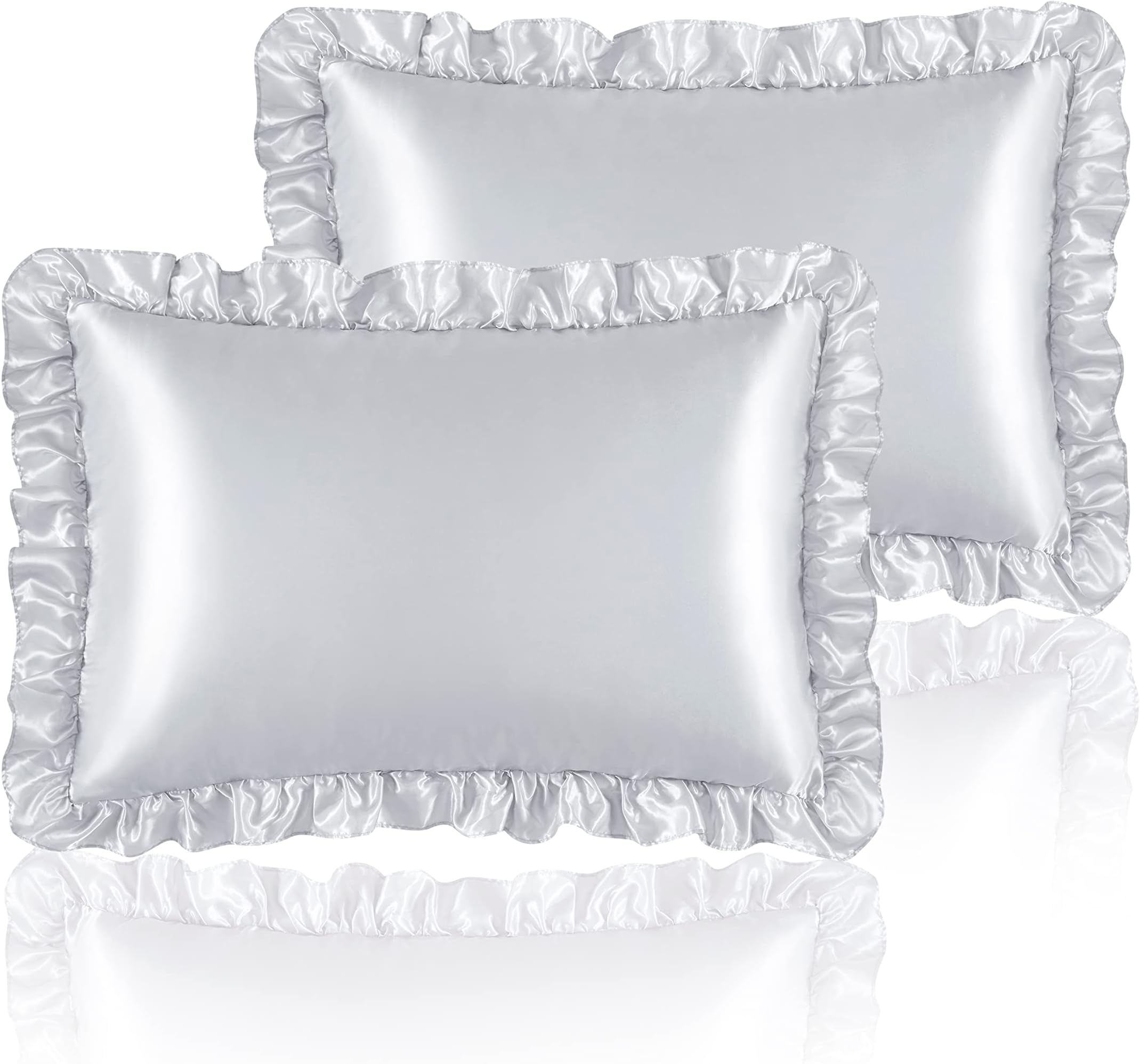 Silky Satin Ruffled Pillow Cases for Hair and Skin,Light Gray Silk Pillowcases Queen Set of 2 with Envelope Closure Princess Room Decoration