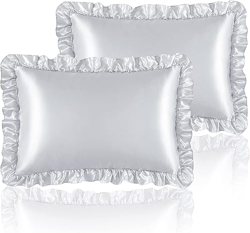 HommxJF Juego de 2 fundas de almohada de satén sedoso con volantes para cabello y piel fundas de almohada de seda gris claro tamaño Queen con cierre