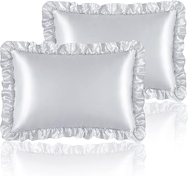 Silky Satin Ruffled Pillow Cases for Hair and Skin,Light Gray Silk Pillowcases Queen Set of 2 with Envelope Closure Princess Room Decoration