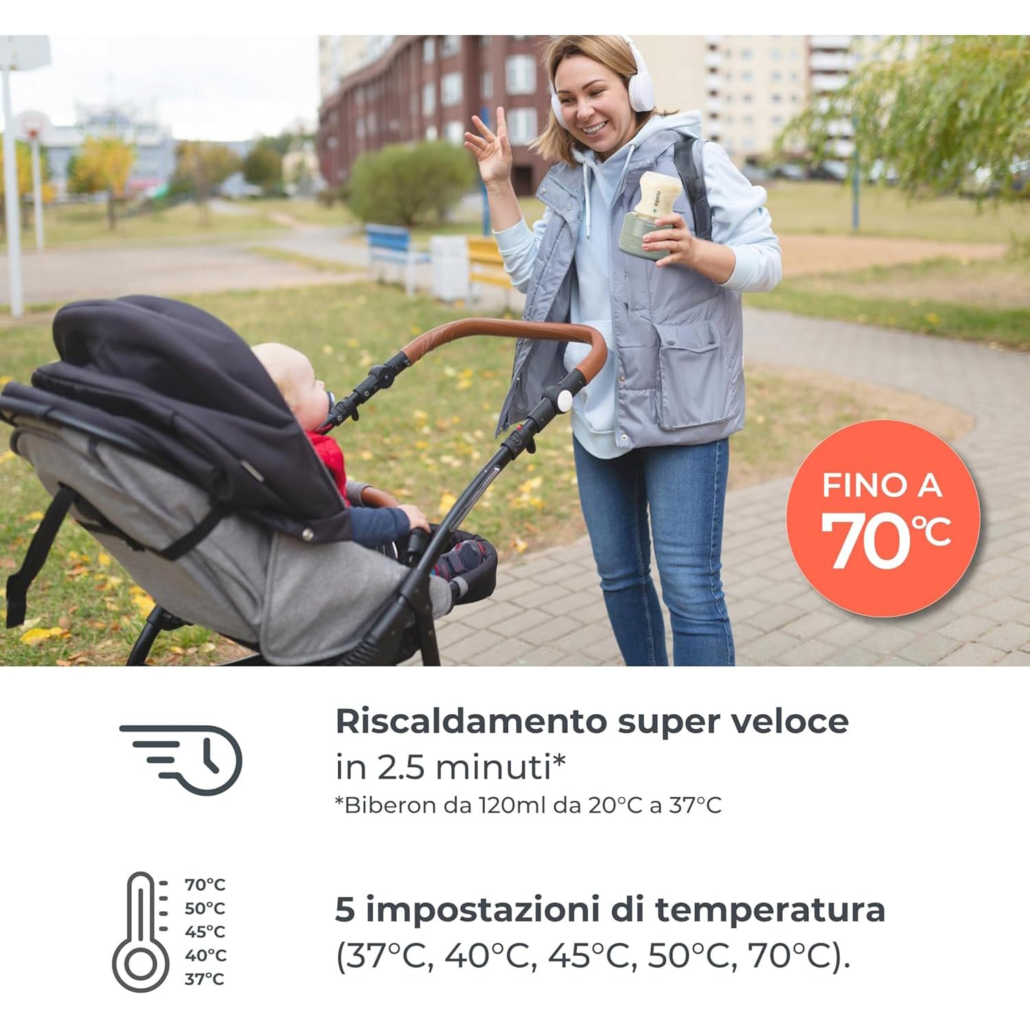 Nuvita 1166 Warm70 bezprzewodowy podgrzewacz do butelek 70°C – ładowanie przez USB, uniwersalny kompatybilny z 6 adapterami, 5 ustawień temperatury do 70°C, szybkie nagrzewanie w 2,5 min, utrzymuje