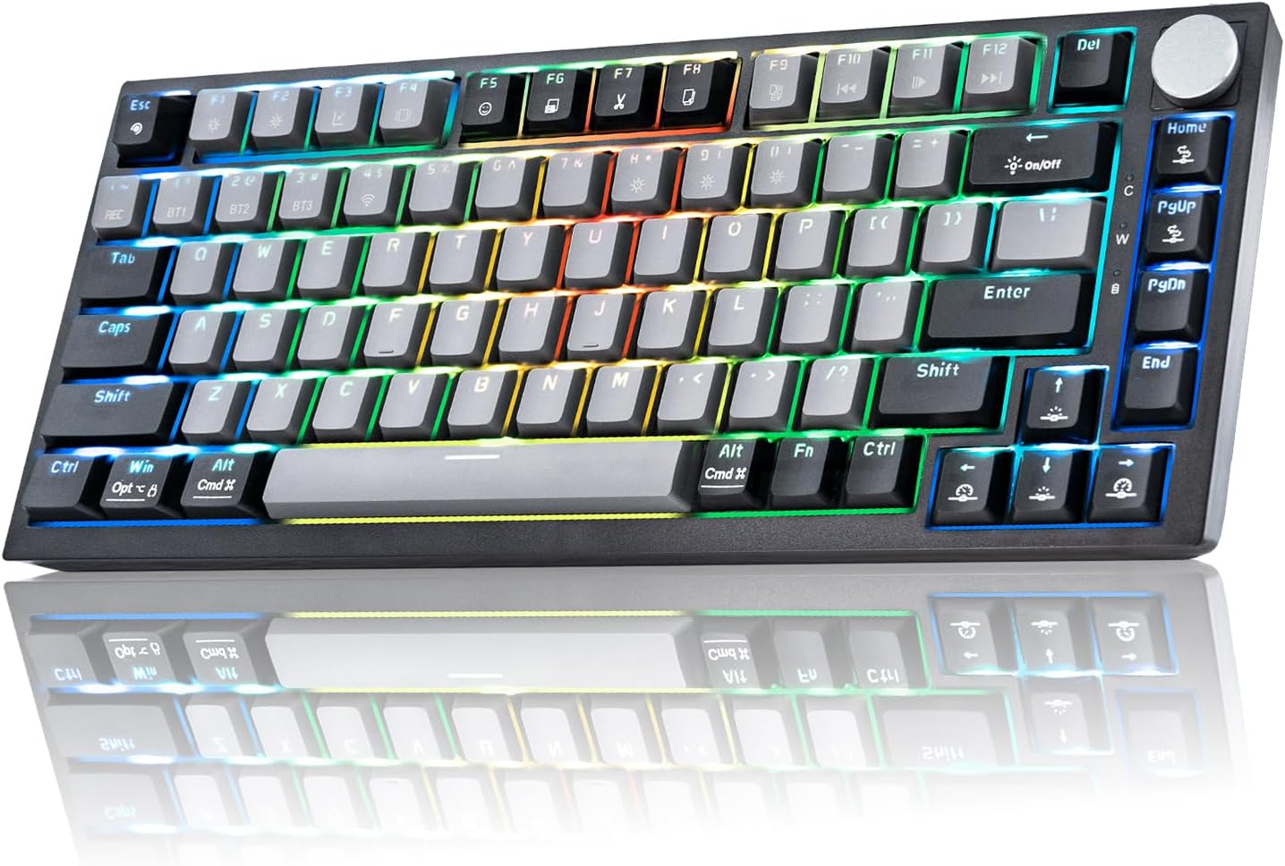 Wireless Mechanical Keyboard 75% Percent Gaming Keyboard with Volume Knob, RGB Backlit Computer Clicky Keyboards, Hot Swappable Mechanical, USB C/2.4GHz/BT5.0 Gasket Red Switch PBT Keycaps（Grey）