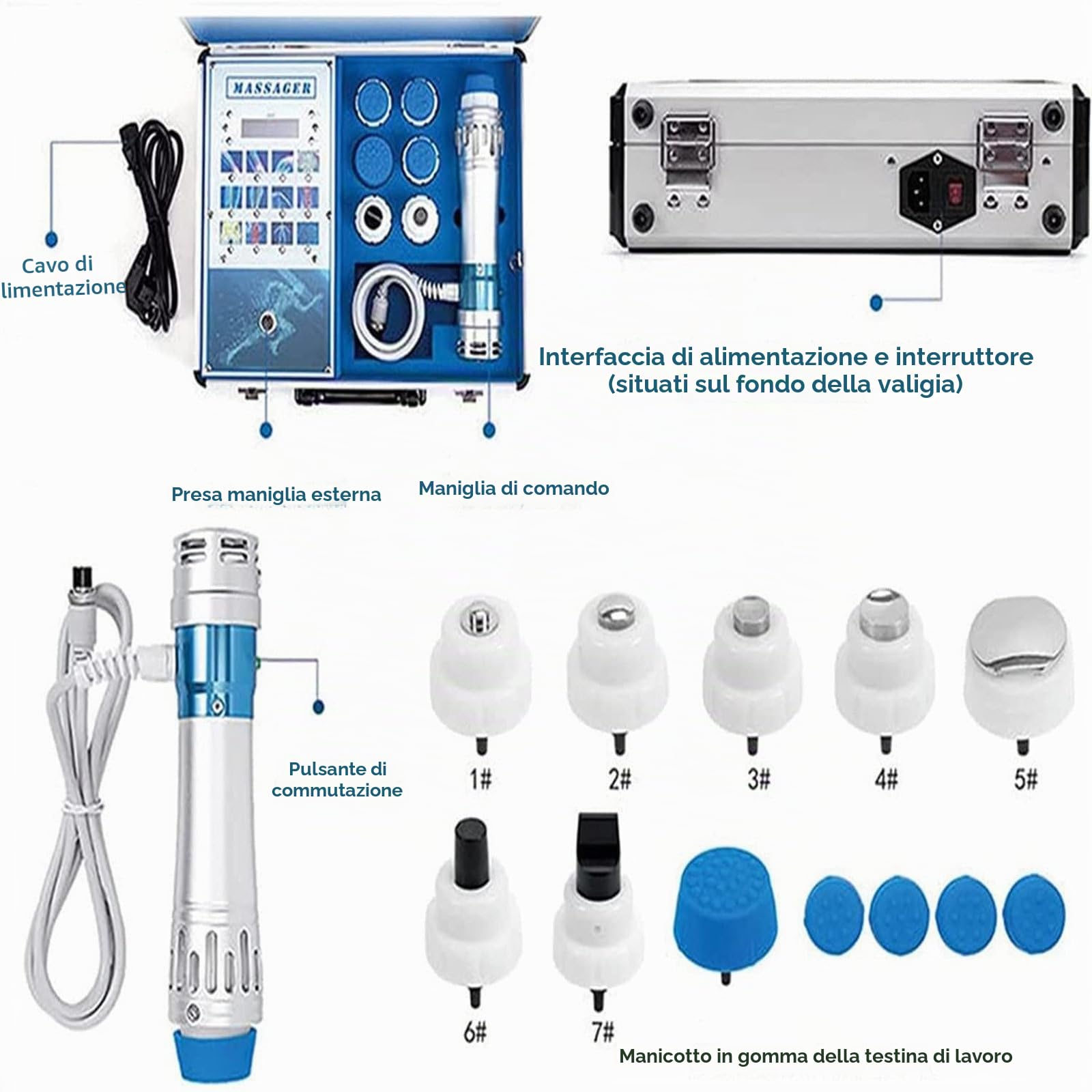 Dispositivo per terapia ad onde d'urto,macchina per terapia ad ultrasuoni,dispositivo per terapia acustica,con testina di massaggio multipla,per sollievo dal dolore da massaggio profondo,Button