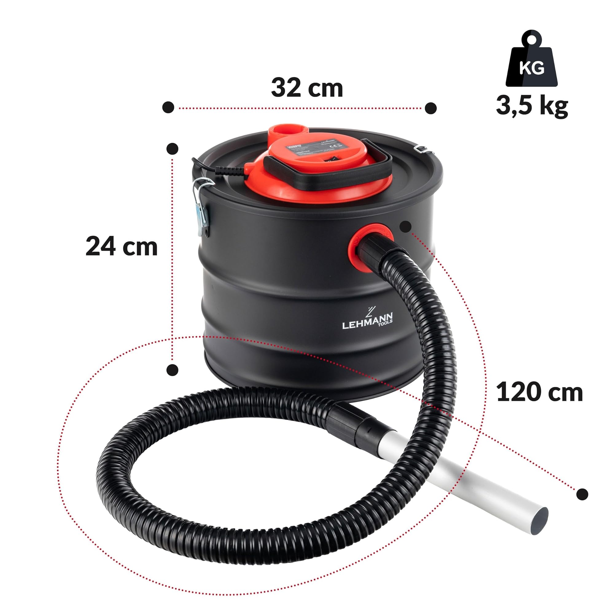 LEHMANN Aspirateur à Cendres 15L, Aspirateur Cheminée pour Haute Température, Réservoir Robuste, Filtre HEPA avec Panier Métallique, Fonction Soufflage, Nettoyage Cheminées et Pellets