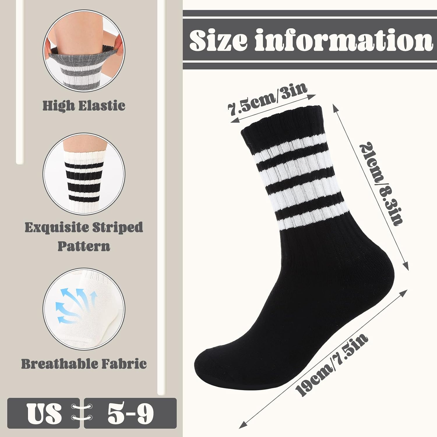 6 Pcs Striped Socks Women Casual Athletic Retro Novelty Socks | Vintage Sporty Style Cotton Breathable Stretchy Size 5-9