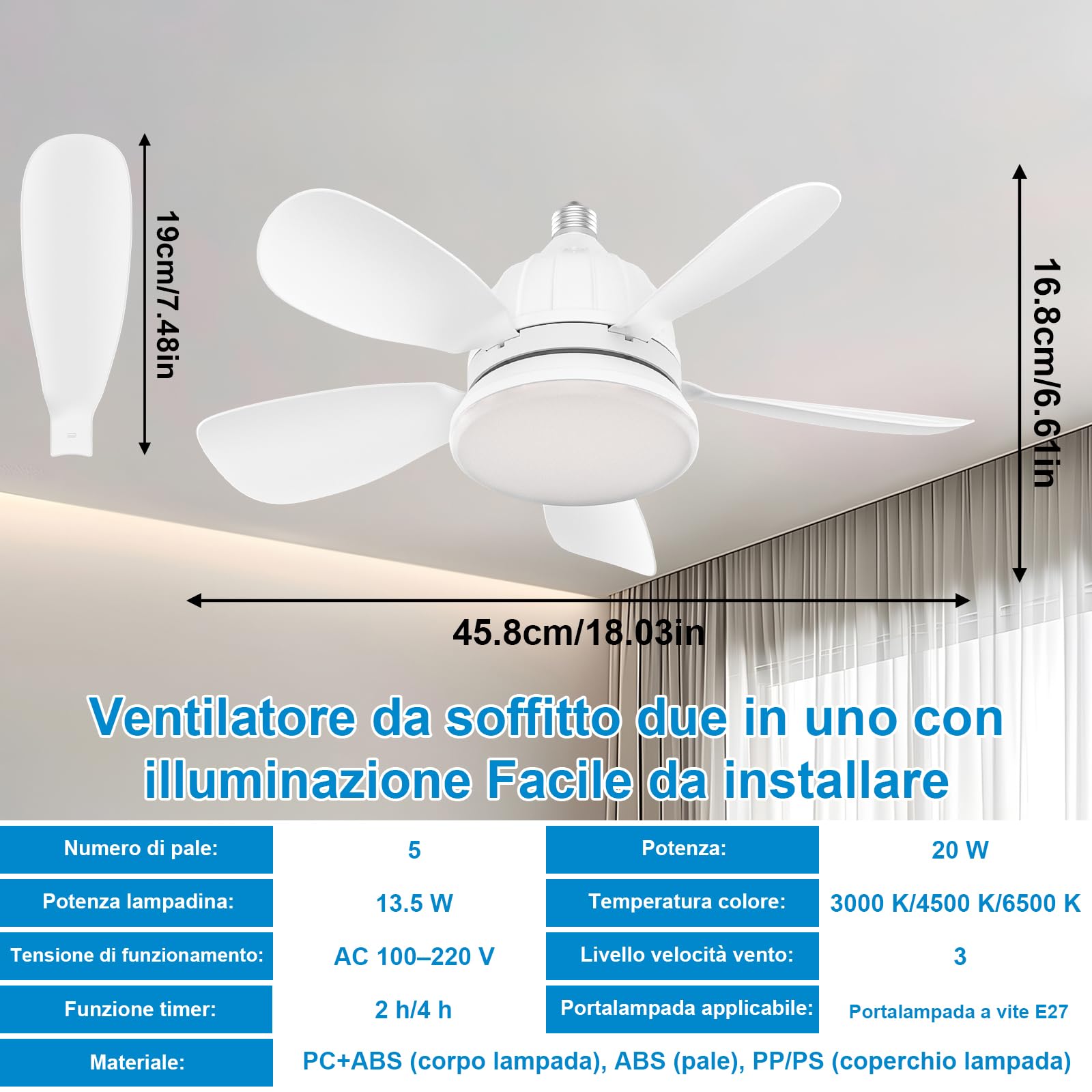 GuKKK Ventilatore da Soffitto Con Luce e Telecomando, 18'' LED Dimmerabile Plafoniera con Ventilatore, Super Silenziosa Lampadario con Ventilatore da Soffitto, E27 Plafoniera Led Soffitto, 3 Velocità