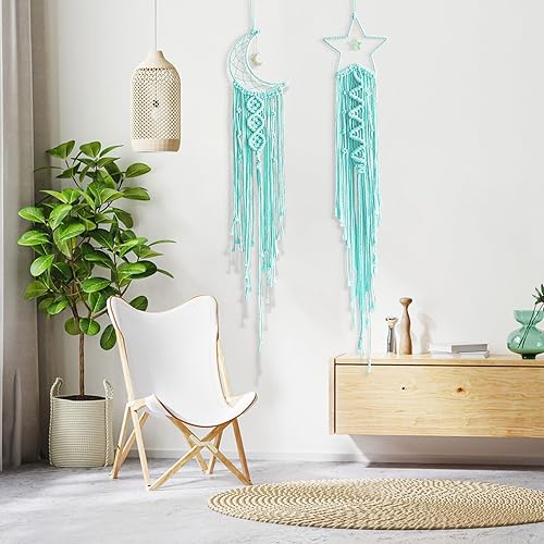 Miniatura 32 de Decoración de atrapasueños de luna y estrella, 2 piezas boho para el hogar, luna y estrella, macramé para colgar en la pared, decoración bohemia