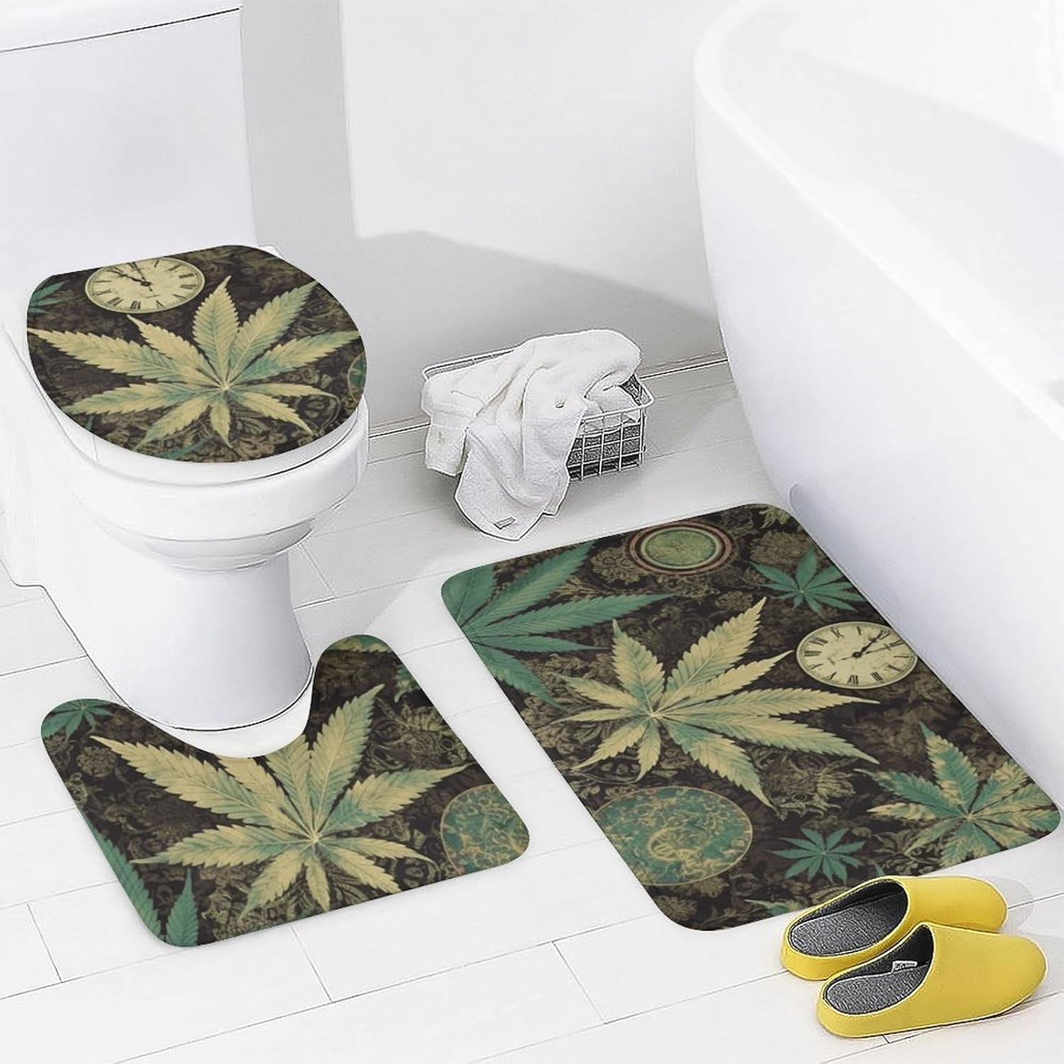 A Puff in Time Weed Marijuana Shower Curtains Set 4 Piece with Non-Slip Rugs, Toilet Lid Cover and Bath Mat Soft Bathroom Carpet Waterproof Bathroom Curtain with 12 Hooks for Bathroom Decor