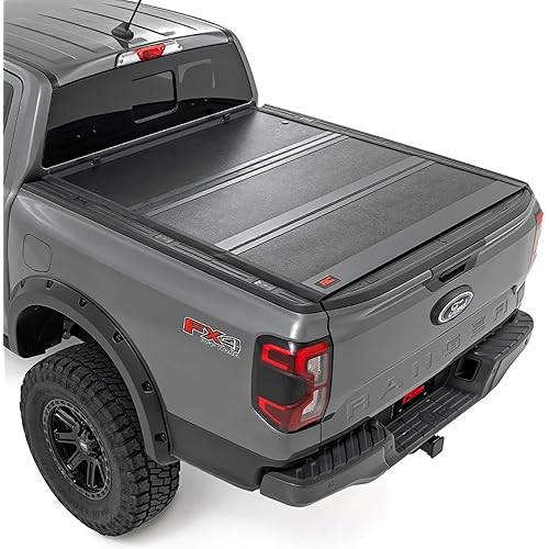 Rough Country Hard Low-Profile Tri-Fold Tonneau Cover for Ford Ranger (2024-2026) - Low-Profile Aluminum Truck Bed Cover, Fits 5' Bed