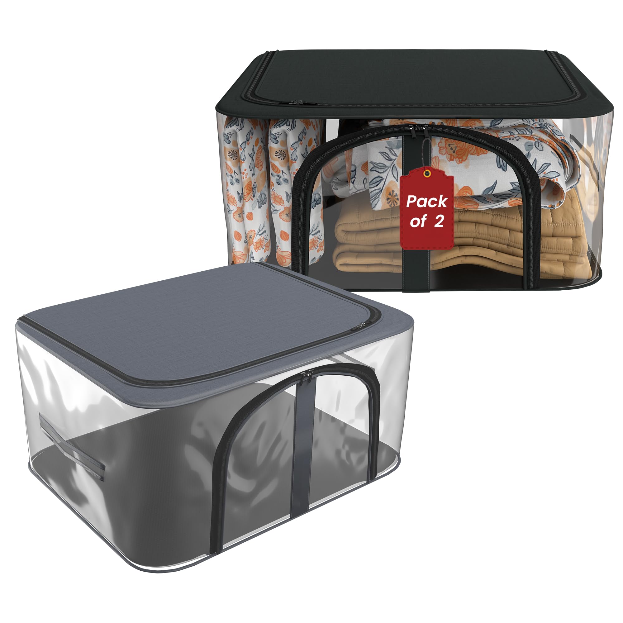 Kuber Industries Pack of 2 Pvc Transparent Zip Lock Saree Organizer for Wardrobe with Handles | Dress Storage Bag for Lehenga, Gown & Shawl |Clothes Organiser for Storage | Dark Grey & Grey