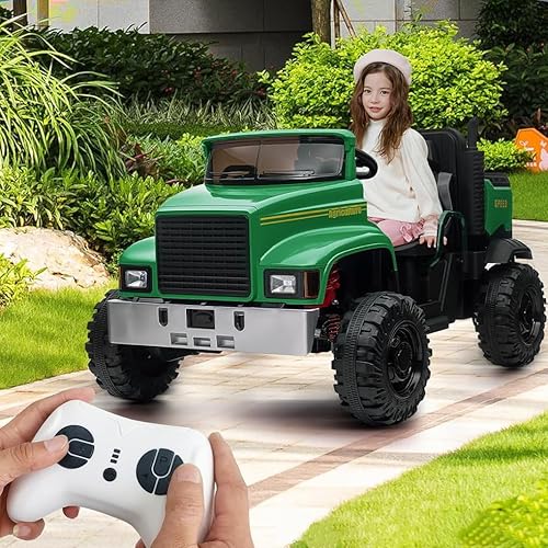 Camión de 2 plazas, camión eléctrico con batería de 24 V para niños con control remoto, luz LED, música, bocina, velocidad alta-baja, verde