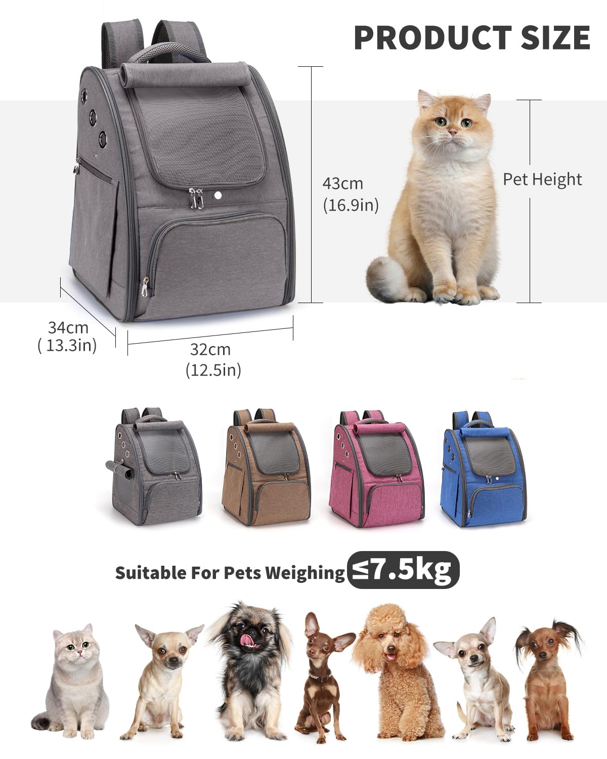 PETCUTE Transportin Gato Mochila Perro Pequeños Bolsa para Transportar Gatos Transpirable Viaje Mochila para Llevar Perros Gato Gris