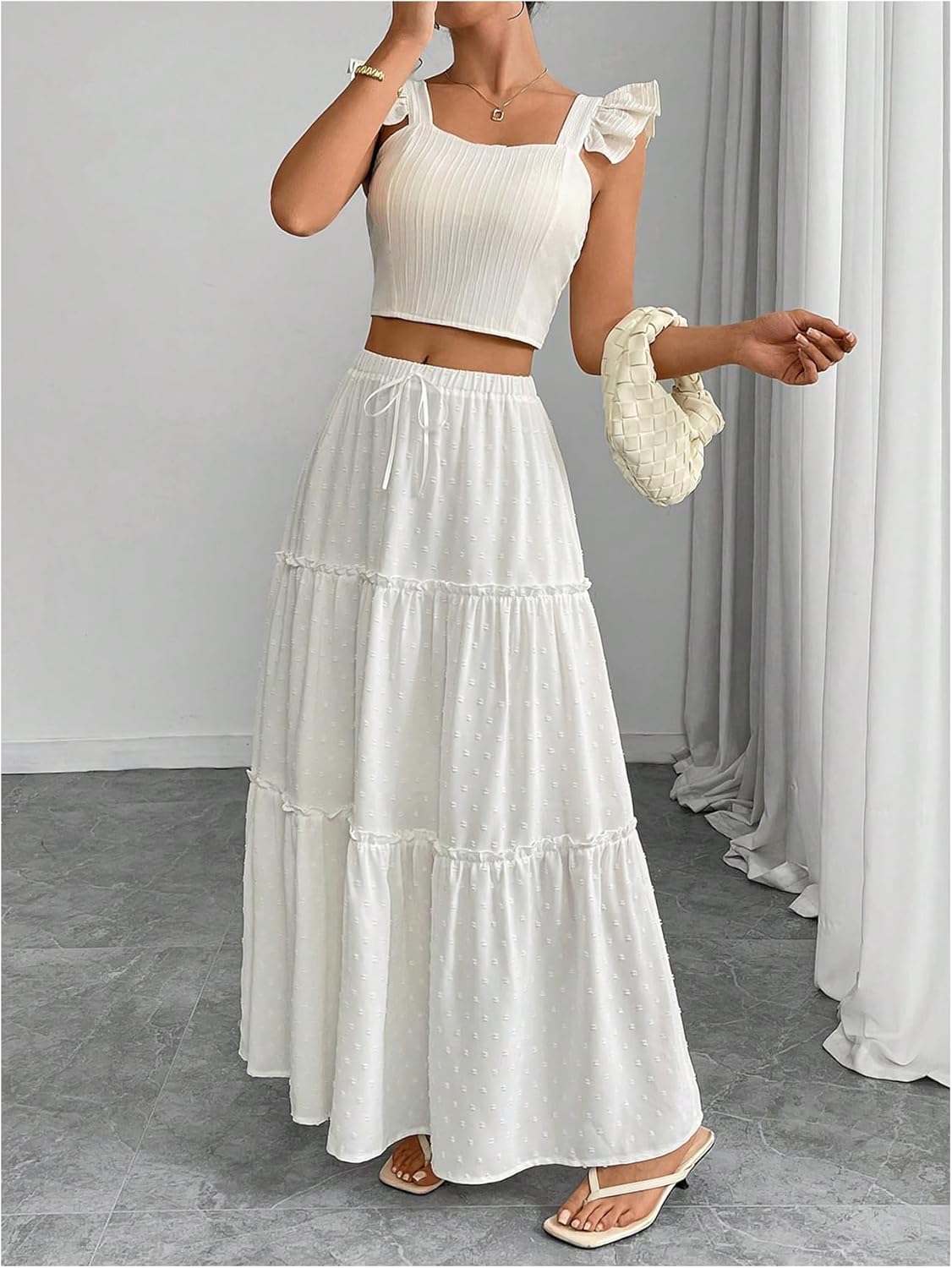 Women's Swiss Dots Boho Maxi Skirt Y2k Flared Ruffle Tiered Summer Skirt Elastic Waist A Line Flowy Long Skirts - Image 4