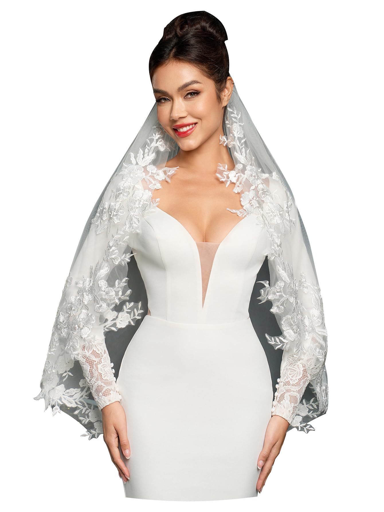 Fingertip Length Lace Floral Wedding Bridal Veil With Comb Soft