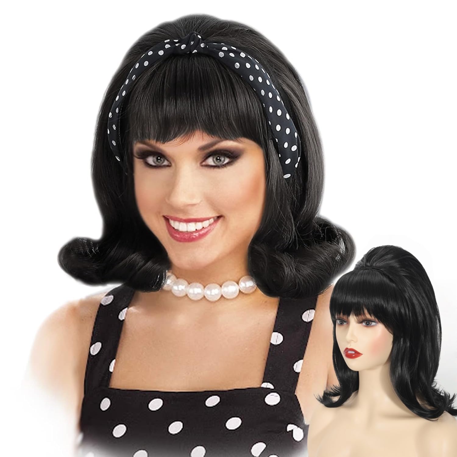 Daiaces Black Beehive Wig Women 50s 60s 70s Wig with Bang Retro Bouffant Wigs Drag Queen Wigs