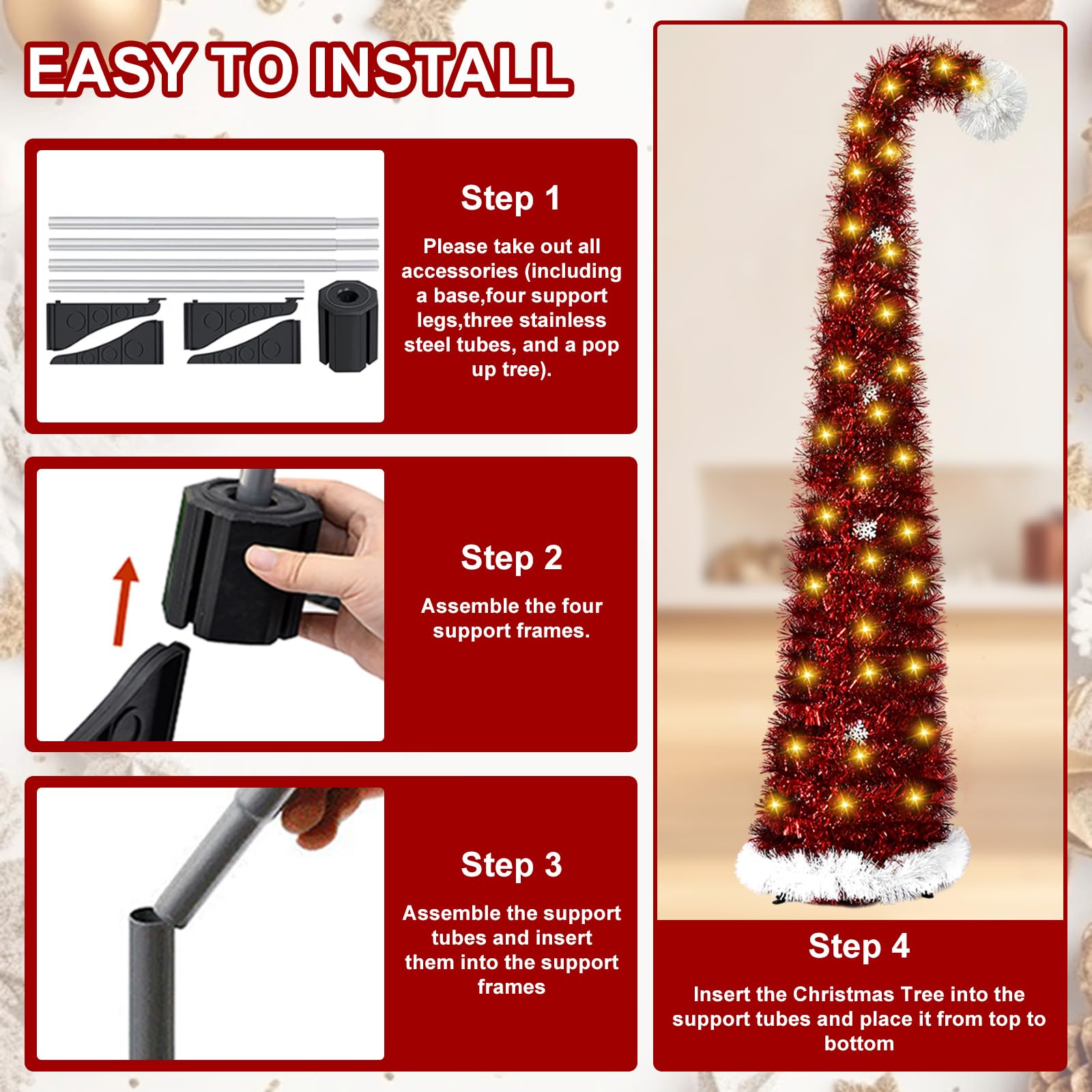 BigKing 150 cm Sapin de Noël Artificiel avec Support et Guirlande Lumineuse | Pliable Arbre de Noël artificiel - Décoration à paillettes - Parfait pour fête, salon ou bureau (bonnet de Père Noël rouge)