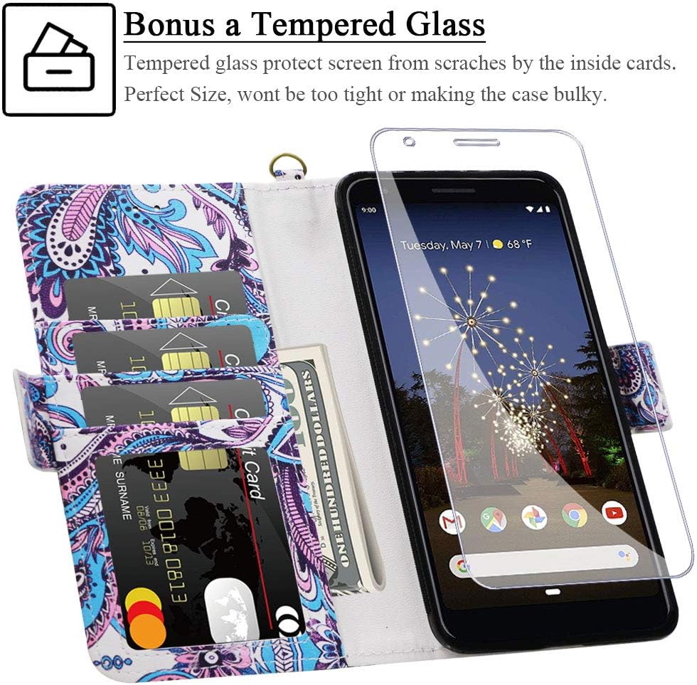 Samgg Pixel 3a Detachable Wallet Case with Wrist Strap and Tempered Glass, 2-Way Stand, Card Slot, Magnetic Closure - Durable Leather Folio Flip Case for 5.6" Google Pixel 3a (2019) (Peacock)
